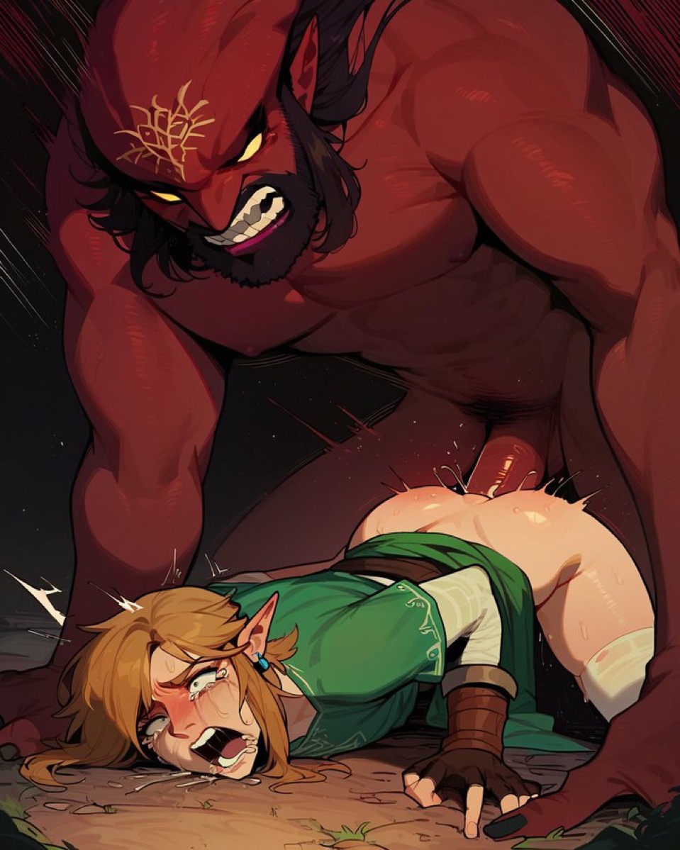 2boys ai_art ai_generated anal anal_sex balls big_penis blonde_hair blonde_male clothed_male_nude_male clothed_sex crying_with_eyes_open demon doggy_style face_down_ass_up gay link male/male male_only male_penetrated male_penetrating nintendo open_mouth penis penis_in_ass pointy_ears questionable_consent rape rough_sex saucy_trove sissy size_difference the_legend_of_zelda thighhighs top-down_bottom-up yaoi