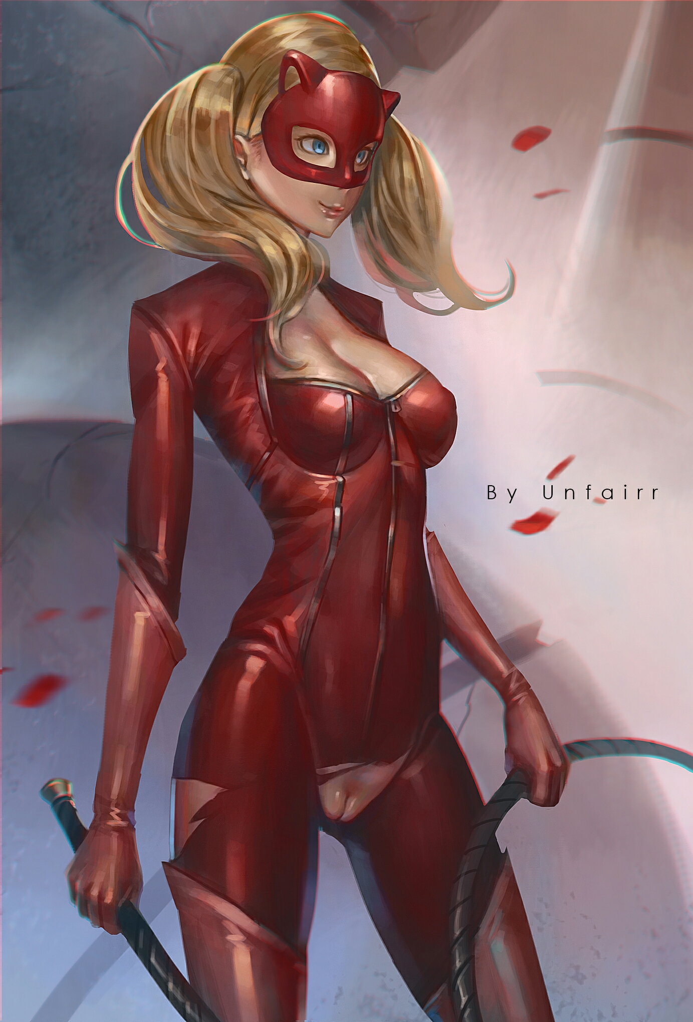 1girls, ann takamaki, armwear, atlus, blonde hair, blue eyes, bodysuit, breasts, casual, cleavage, clothing, exposed pussy, female, gloves, highres, human, legwear, mask, megami tensei, pale skin, persona, persona 5, phantom thief suit, pussy, smile, solo, tagme, thighhighs, torn bodysuit, torn clothes, twintails, unfairr, weapon, whip