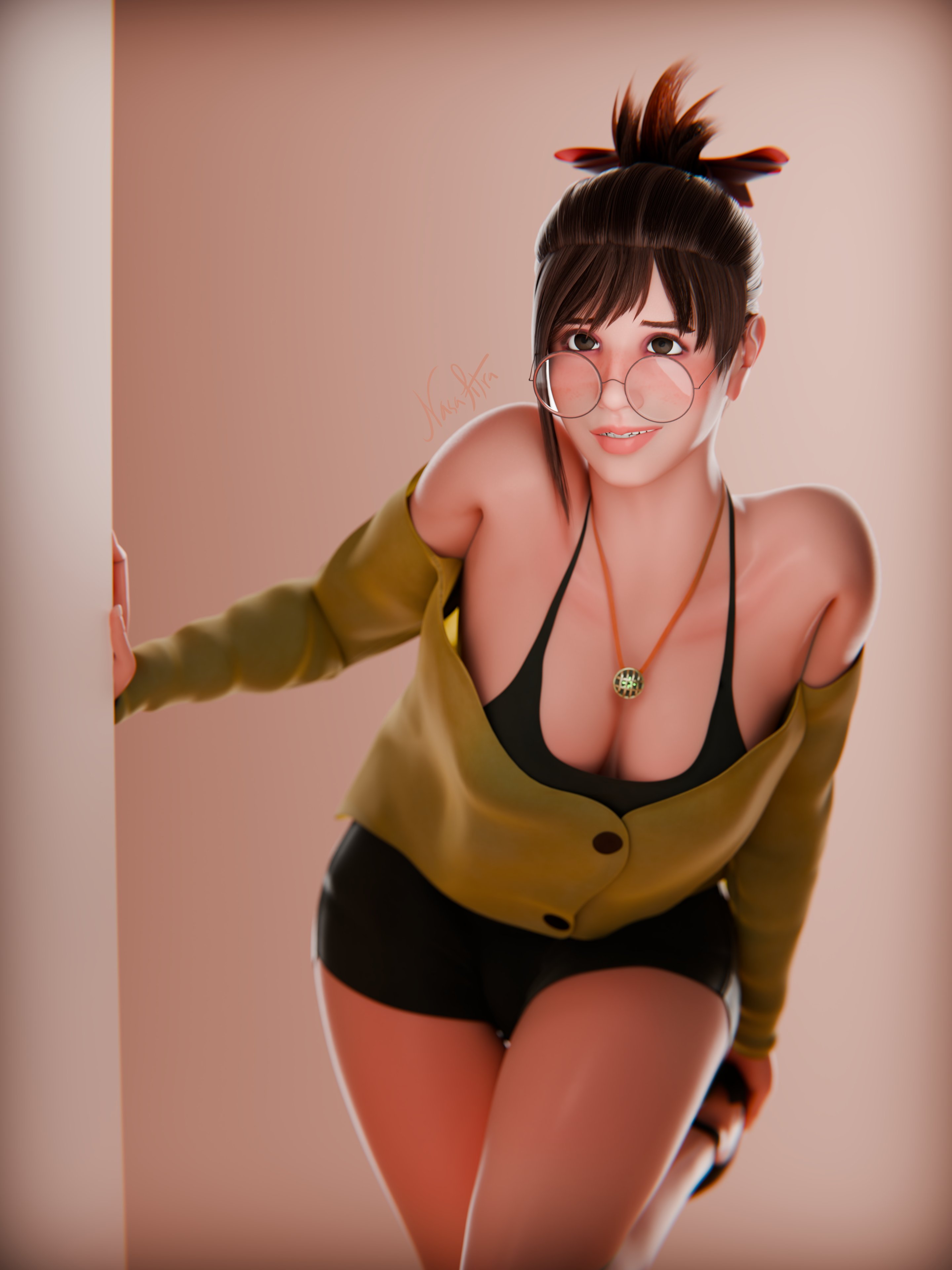1girls, alternative costume, alternative fashion, alternative version, bare shoulders, blush, breasts, brown hair, capcom, cleavage, cleavage cutout, collarbone, cutout, female, glasses, handler (monster hunter world), high heels, highres, leaning forward, long sleeves, medium breasts, monster hunter, monster hunter (series), monster hunter world, nasafitra, skirt, tagme, thick thighs, tied hair, wide hips