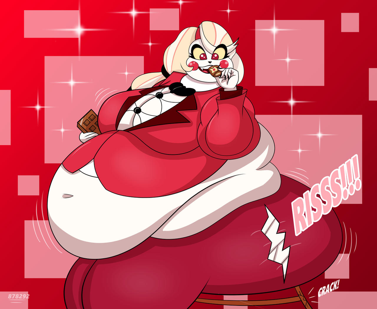 charlie_morningstar_(hazbin_hotel) hazbin_hotel massive_ass massive_belly massive_hips massive_thighs morbidly_obese_female obese onomatopoeia shredded_clothes tagme tagme_(artist) tight_clothing wardrobe_malfunction