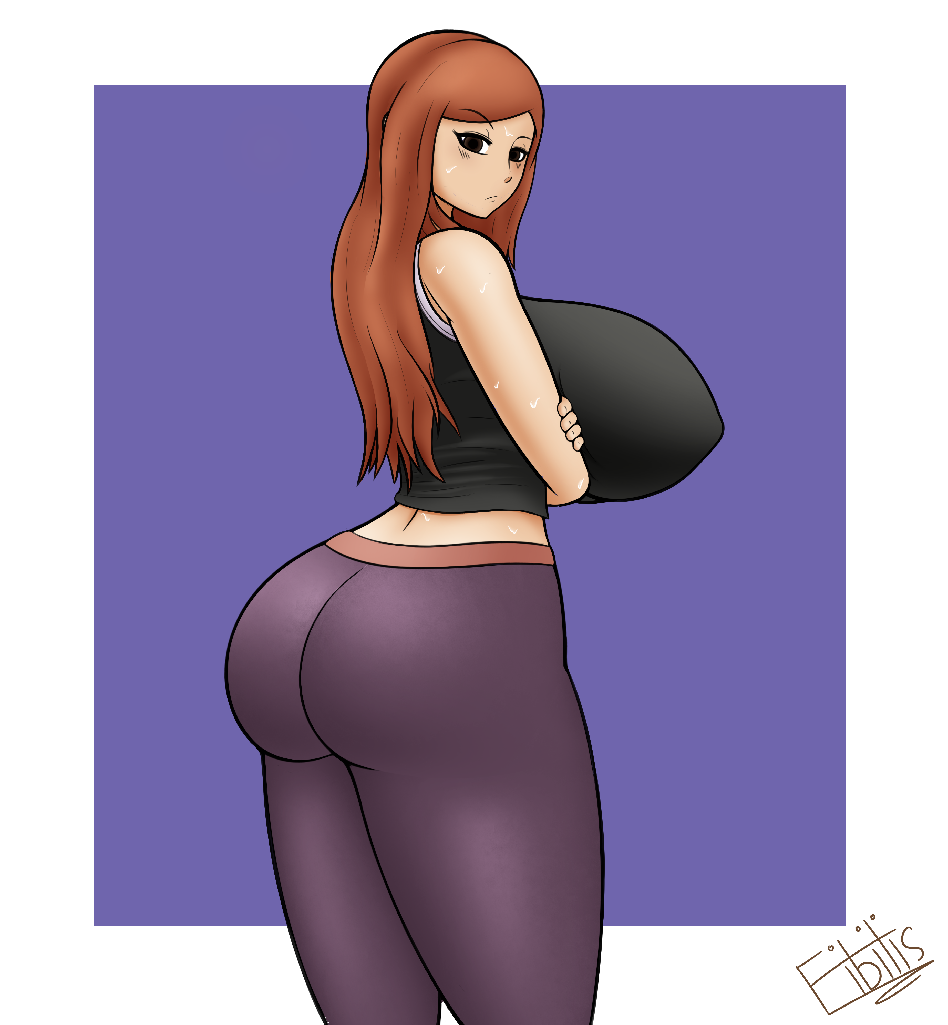 1girls, alternate costume, ass, breasts, brown eyes, casual, contemporary, crossed arms, dragon's crown, female, fibilis, huge breasts, large ass, leggings, long hair, orange hair, solo, sorceress (dragon's crown), sweat, tank top, yoga pants