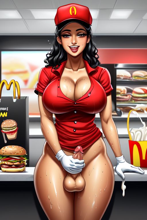 ai_generated black_hair burger cum cum_in_food exposed food food_play futanari gloved_handjob gloves indian indian_female masturbating masturbation mcdonald's oiled pubes public public_exposure public_nudity realistic sauce sweat tagme tan_body wet