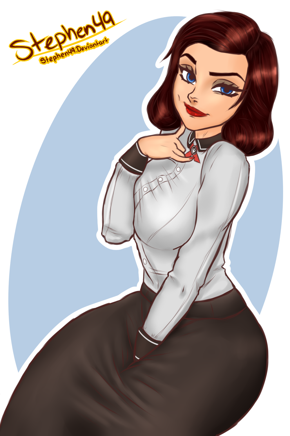 2d big_breasts bioshock bioshock_infinite blue_eyes breasts brown_hair busty elizabeth_comstock eyelashes eyeshadow female female_focus female_only hourglass_figure lipstick long_hair makeup mascara nail_polish pinup pinup_pose shirt sitting skirt stephen49 tagme wide_hips