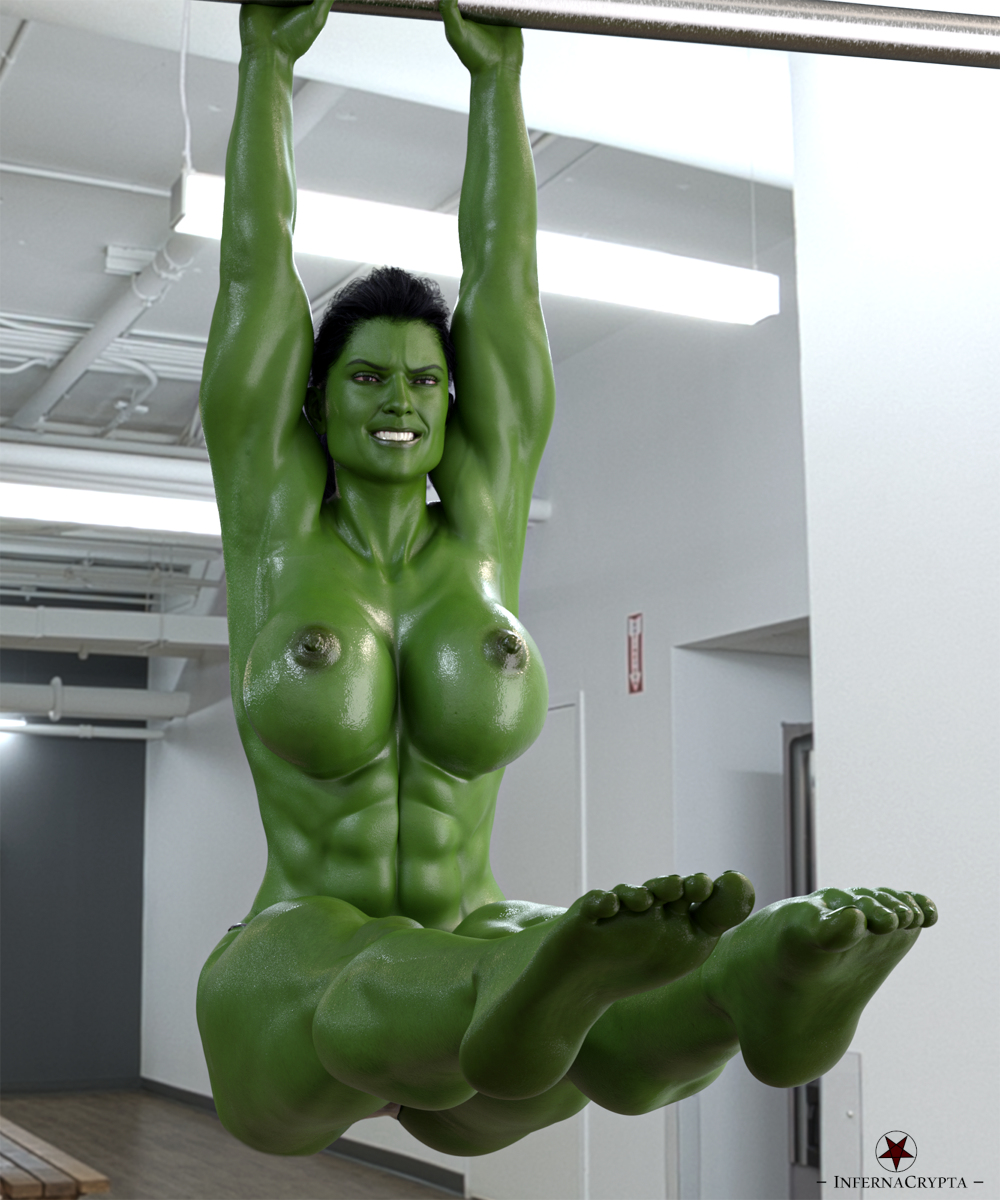 1girls 3d breasts female infernacrypta marvel muscular muscular_female nipples she-hulk solo sweat