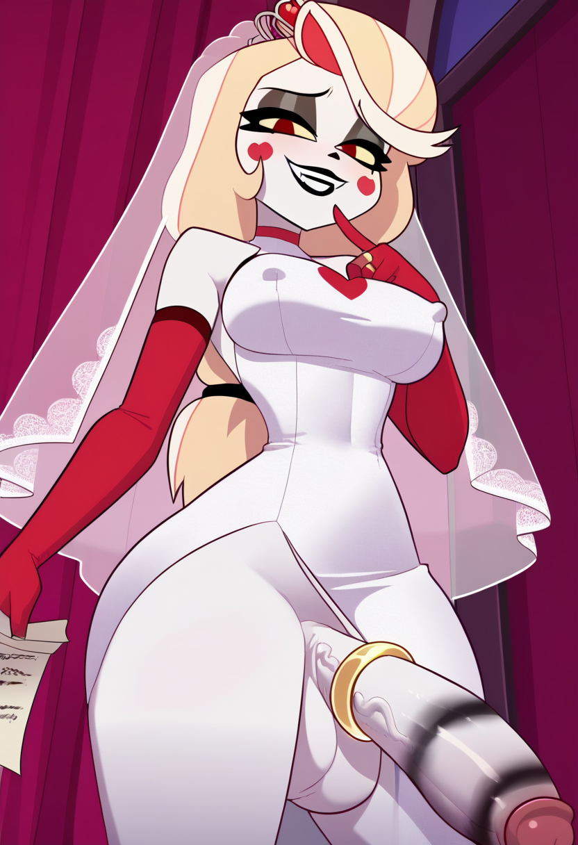 1futa ai_generated black_lipstick charlie_morningstar_(hazbin_hotel) cock_ring dirty_dan dress eyeshadow futanari hazbin_hotel lipstick lipstick_on_penis lipstick_ring ring smug wedding wedding_cock_ring wedding_dress wedding_veil