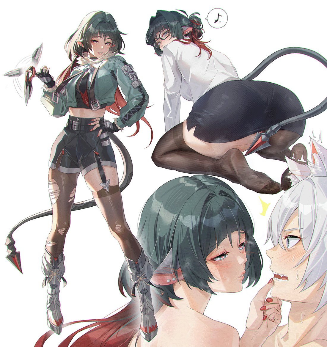 1boy 1girls ass blush clothing hand_on_mouth jane_doe_(zenless_zone_zero) long_hair nervous nude_female nude_male panties rat_ears rat_girl rat_tail secretary seth_lowell white_hair zenless_zone_zero