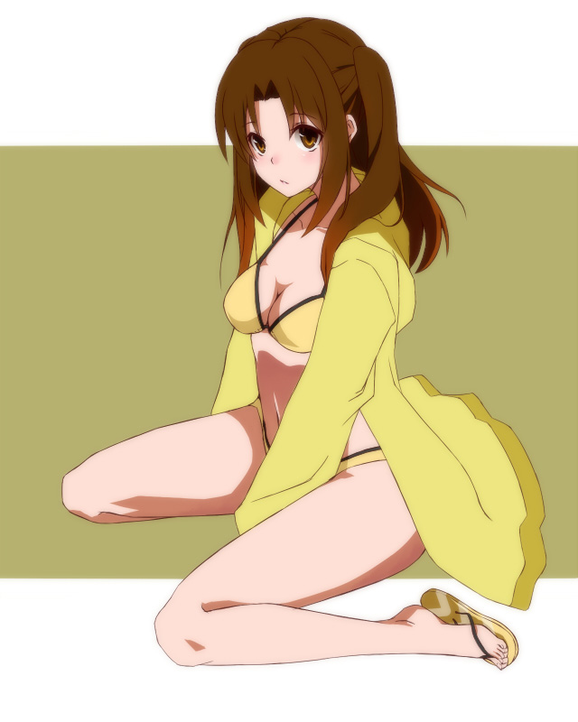 00s breasts brown_eyes brown_hair cleavage female female_focus kneeling long_hair medium_breasts melty_blood navel not_porn sfw solo tsukihime type-moon ue-sita yellow_background yumizuka_satsuki