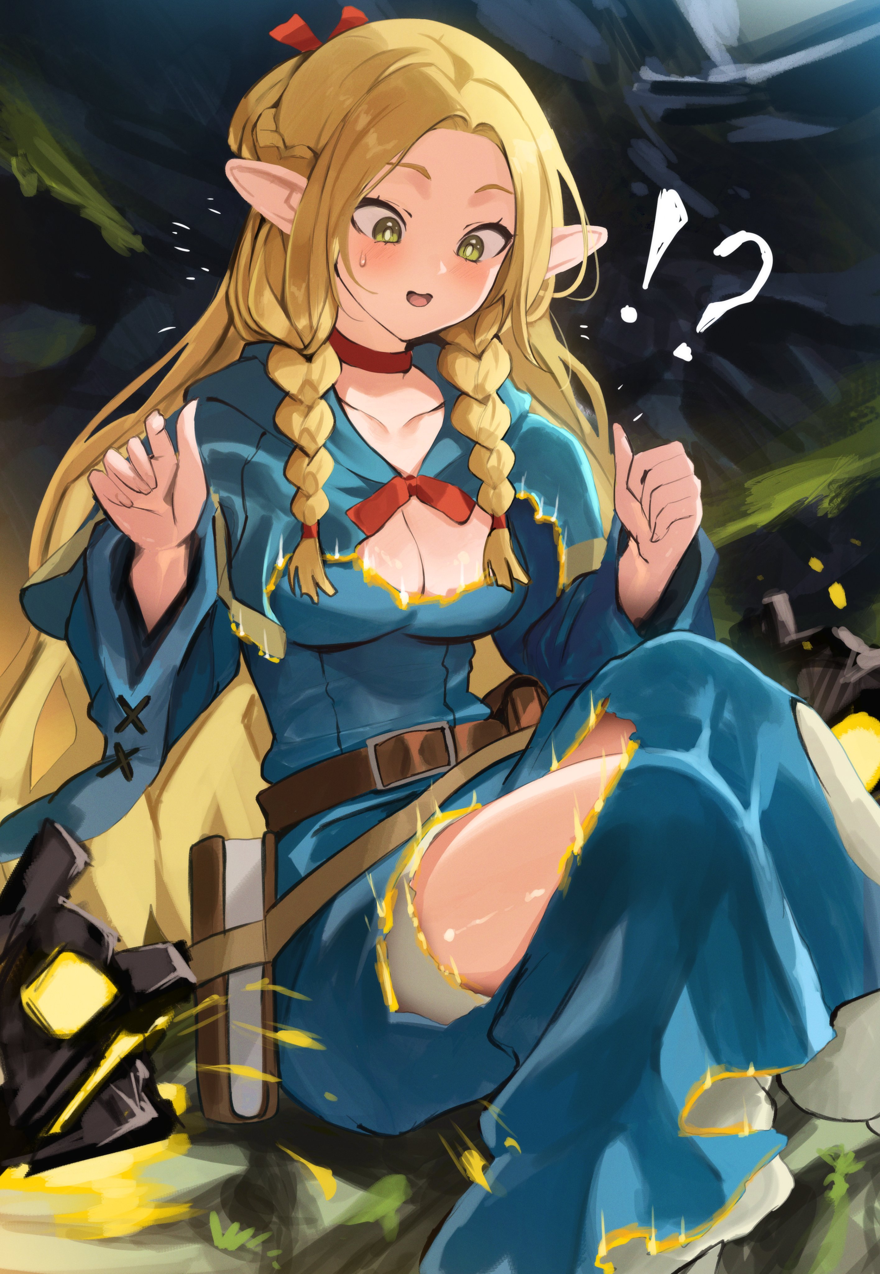 !?, absurdres, arknights, blonde hair, blue dress, book, braid, breasts, cleavage, collarbone, dress, dungeon meshi, elf, female, green eyes, highres, hirosenpai, long hair, marcille donato, medium breasts, melting, open mouth, originium slug (arknights), pointy ears, sitting, sweatdrop, twin braids
