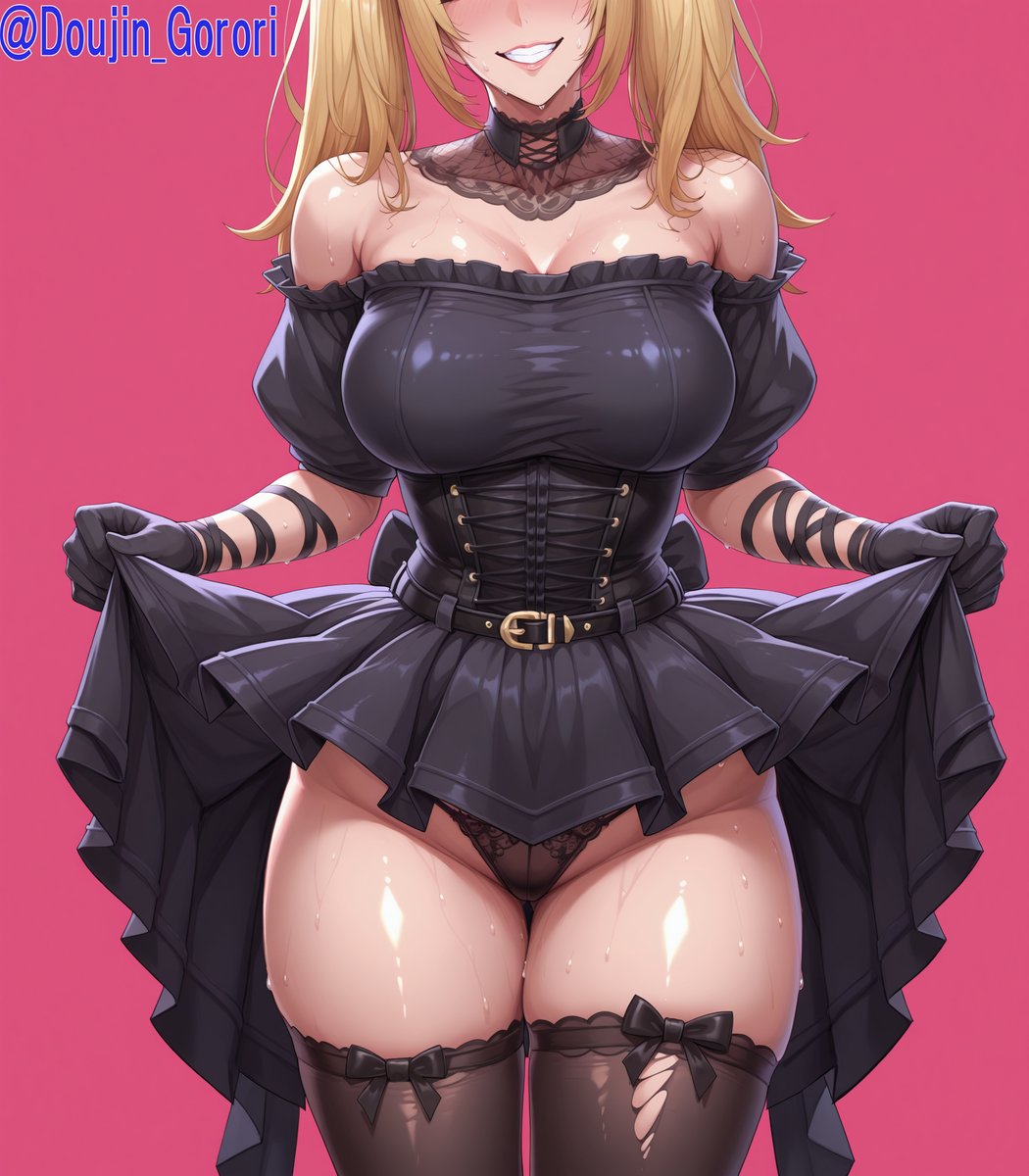 ai generated, ani (twitter), ass, big breasts, blue eyes, breast grab, breast squeeze, breasts, breasts out, doujingorori, dress, female, female only, happy, lifting skirt, long hair, nude, nude female, solo, solo female, thick ass, thick thighs, thighhighs, thighs, twitter, yellow hair