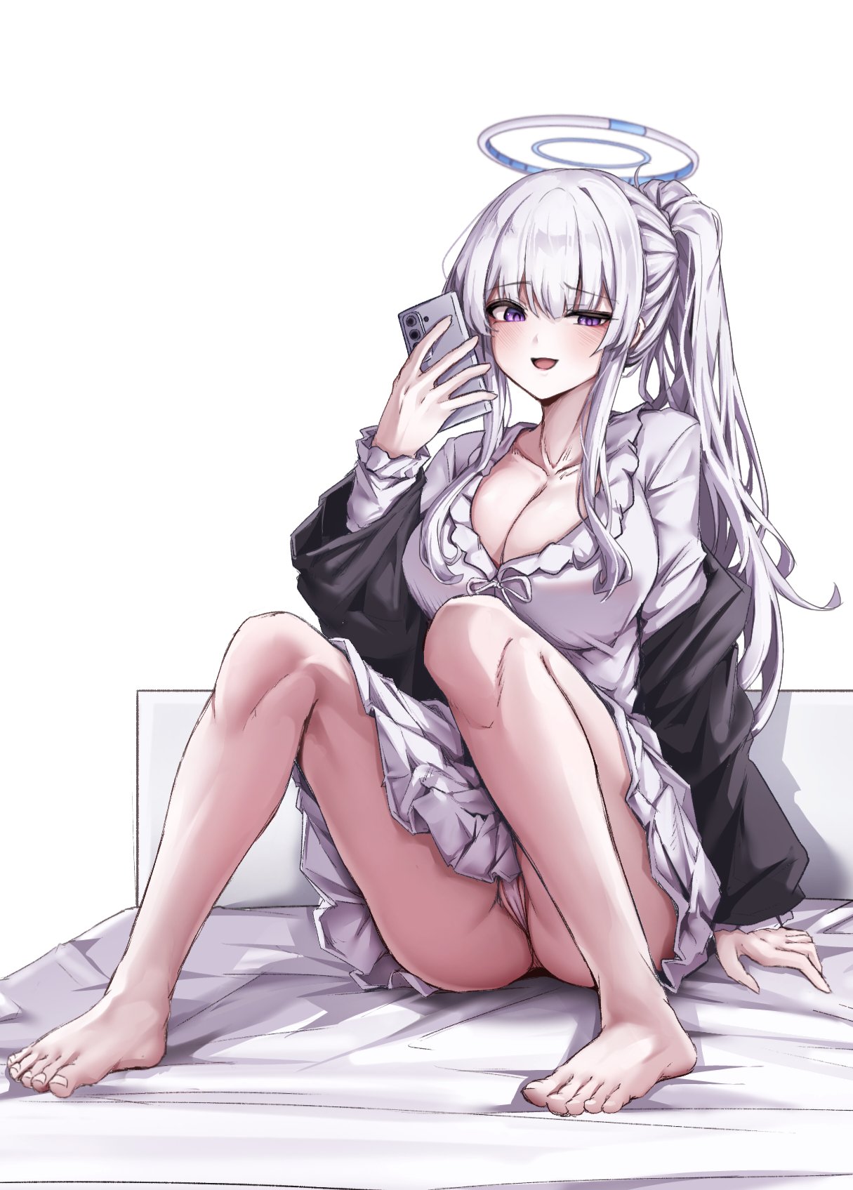 1girls, blue archive, blush, breasts, cameltoe, chanwoo, cleavage, collarbone, female, frills, halo, highres, holding, holding phone, knees up, large breasts, light skin, light-skinned female, long hair, long sidelocks, long sleeves, looking at viewer, mechanical halo, millennium science school student, noa (blue archive), noa (pajamas) (blue archive), official alternate costume, pajamas, panties, partially visible vulva, phone, ponytail, purple eyes, pussy, seminar (blue archive), sidelocks, simple background, sitting, smile, solo, toes, underwear, white background, white hair, white halo, white pajamas, white panties