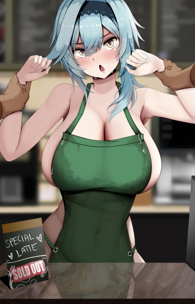 apron, bangs, bare shoulders, blue hair, blurry, blush, breasts, cleavage, collarbone, covered navel, depth of field, eula (genshin impact), eyebrows visible through hair, female, genshin impact, hair between eyes, hairband, huge breasts, indoors, naked apron, open mouth, upper body