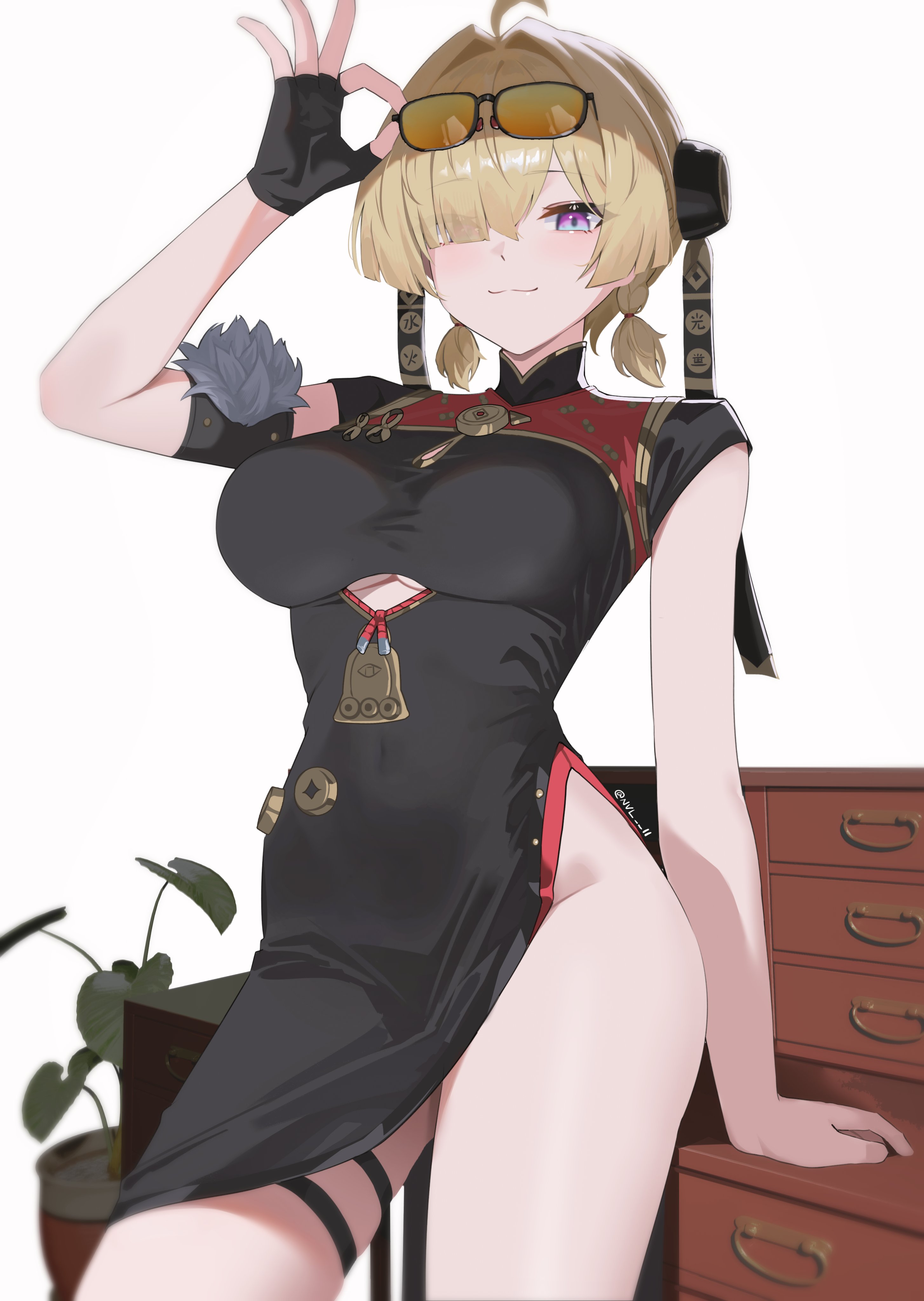 :3, 1girls, absurdres, adjusting eyewear, ahoge, black dress, black gloves, blonde hair, blue eyes, breasts, closed mouth, cowboy shot, cutout above navel, dress, eyes visible through hair, female, fingerless gloves, gloves, groin, hair intakes, hair over one eye, headgear, highres, large breasts, looking at viewer, multicolored eyes, no panties, nvl, purple eyes, short hair, side slit, single fingerless glove, smile, solo, sunglasses, sweety (zenless zone zero), thigh strap, two-tone eyes, white background, zenless zone zero