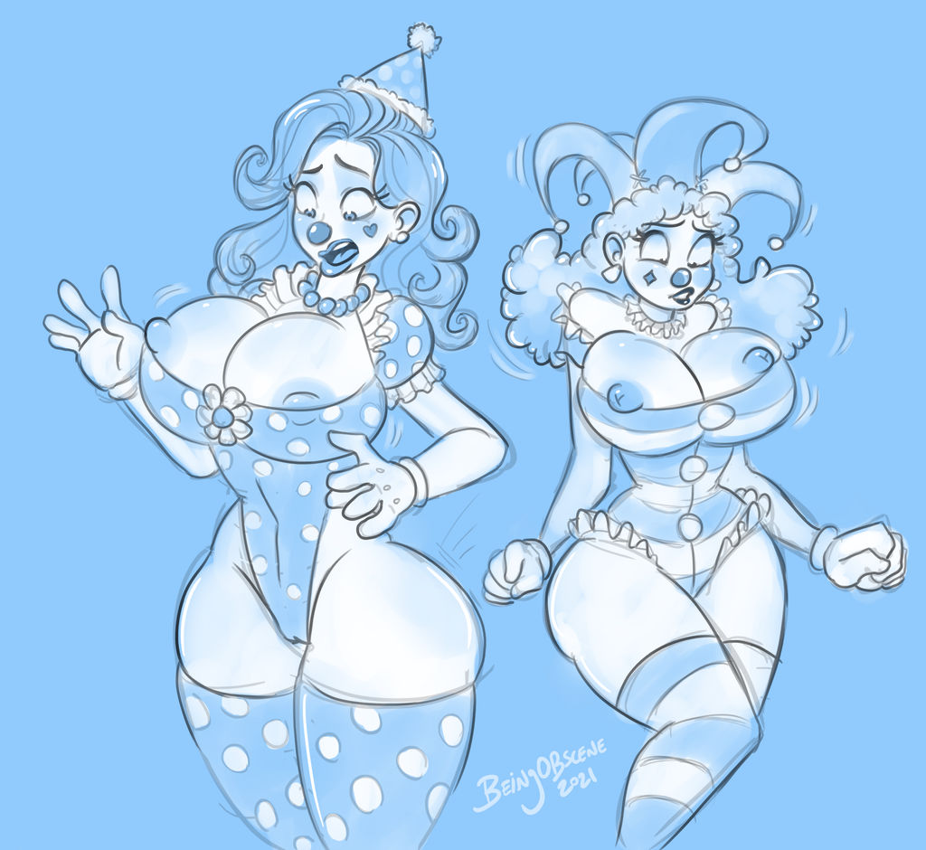 2girls, beingobscene, big breasts, breasts, breasts bigger than head, clown, clown girl, clown makeup, clown nose, female, huge breasts, implied transformation, looking at breasts, nipple bulge, nipple slip, shocked expression, thick thighs, transformation, wide hips