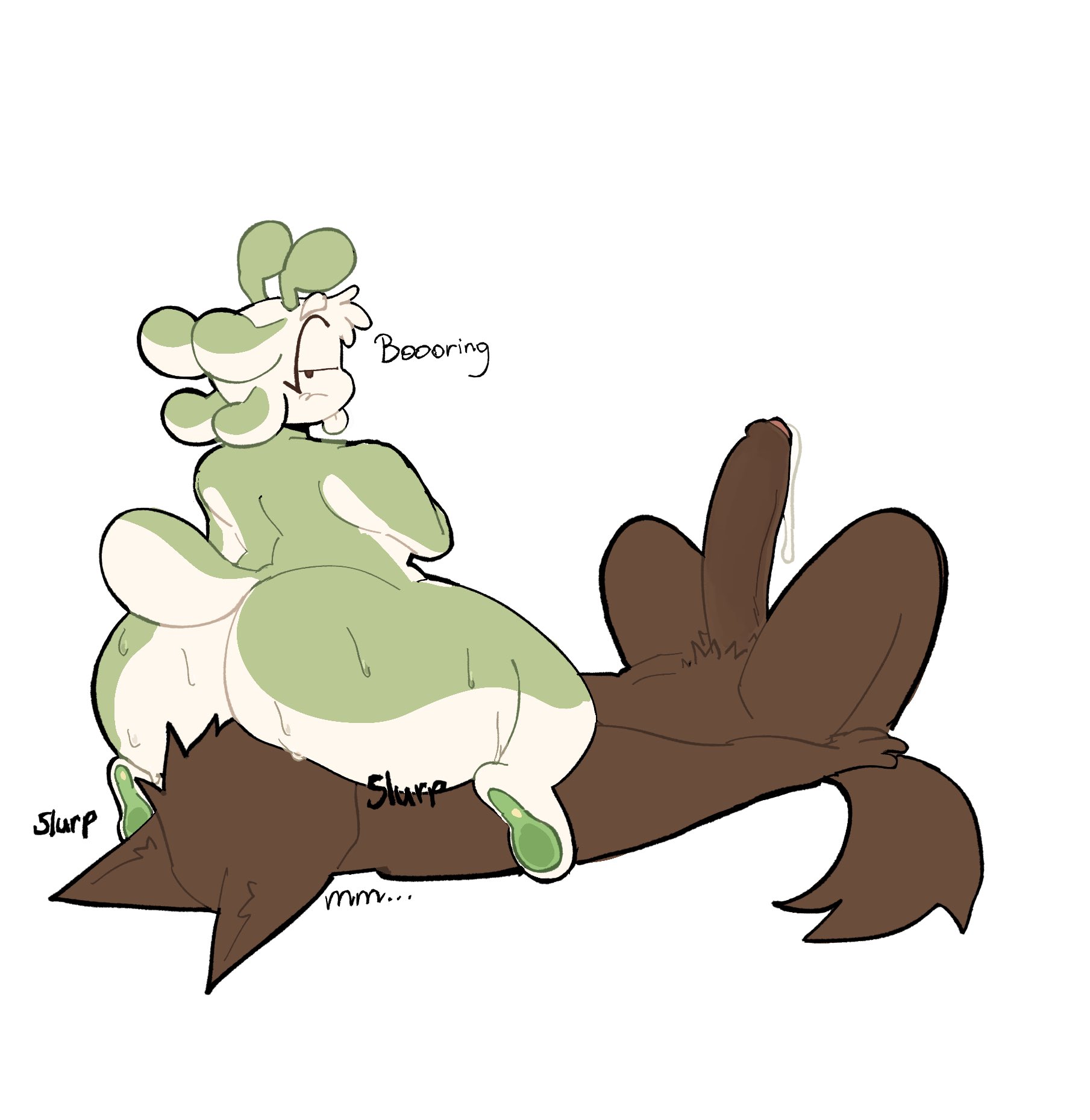 ali (lopsalien), alien, anthro, anthro on anthro, ass, ass bigger than head, ass cleavage, ass focus, big ass, big butt, big thighs, brown eyes, brown fur, brown penis, bunny, cock, domestic dog, facesitting, fat ass, hard on, laying down, laying on back, licking ass, looking at viewer, looking back, lopsalien, male, male only, male/male, mammal, moan, not impressed, oc, original character, pawpads, paws, penis, plain background, precum, precum drip, rabbit, shortstack, slurping, sweat, sweatdrop, sweaty ass, sweaty butt, tail, text, thick thighs, tongue, tongue out, uninterested, wide hips
