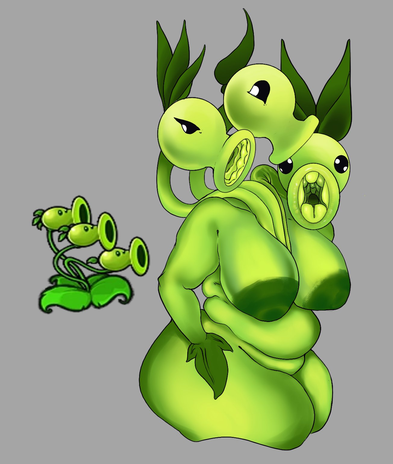 1girls, anthro, anthrofied, ass, ass focus, big breasts, breasts, female, flora fauna, peashooter (pvz), plant, plant girl, plant humanoid, plantie, plants vs zombies, plants vs. zombies, popcap games, threepeater (pvz), unfunny kitty