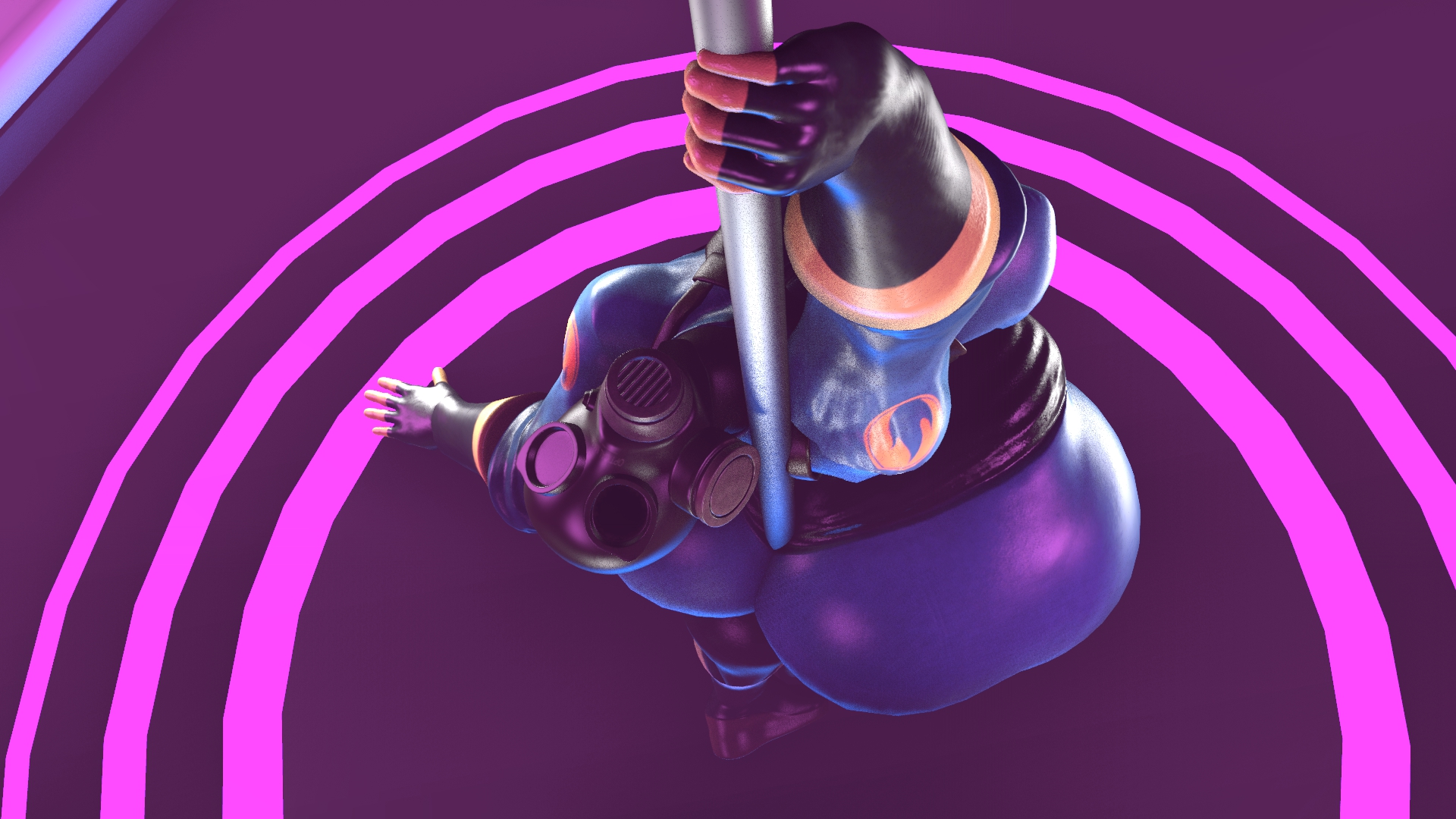 1girls, ass, ass bigger than head, ass expansion, between ass, big thighs, bigbutt, bottom heavy, branimation, curvy female, female, female focus, female only, fempyro, gasmask, latex, looking at viewer, round ass, solo, stripclub, stripper, stripper pole, team fortress 2, widehips