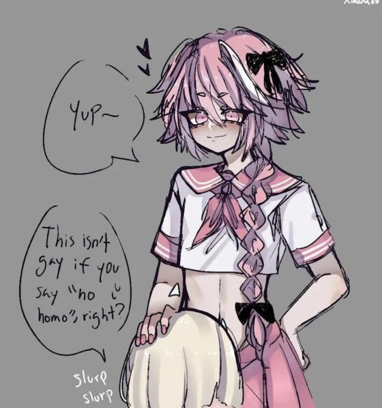 2boys, accidentally gay, astolfo (fate), blonde hair, blowjob, caption, crossdressing, deepthroat, english text, fellatio, femboy, femboy on femboy, femboy on male, femboydom, gay, gay sex, heart, male, male only, male sucking femboy, male/male, no homo, oral, oral sex, pink eyes, pink hair, sex, slurp, smile, smiling, tagme, text, unseen male face, ximena83