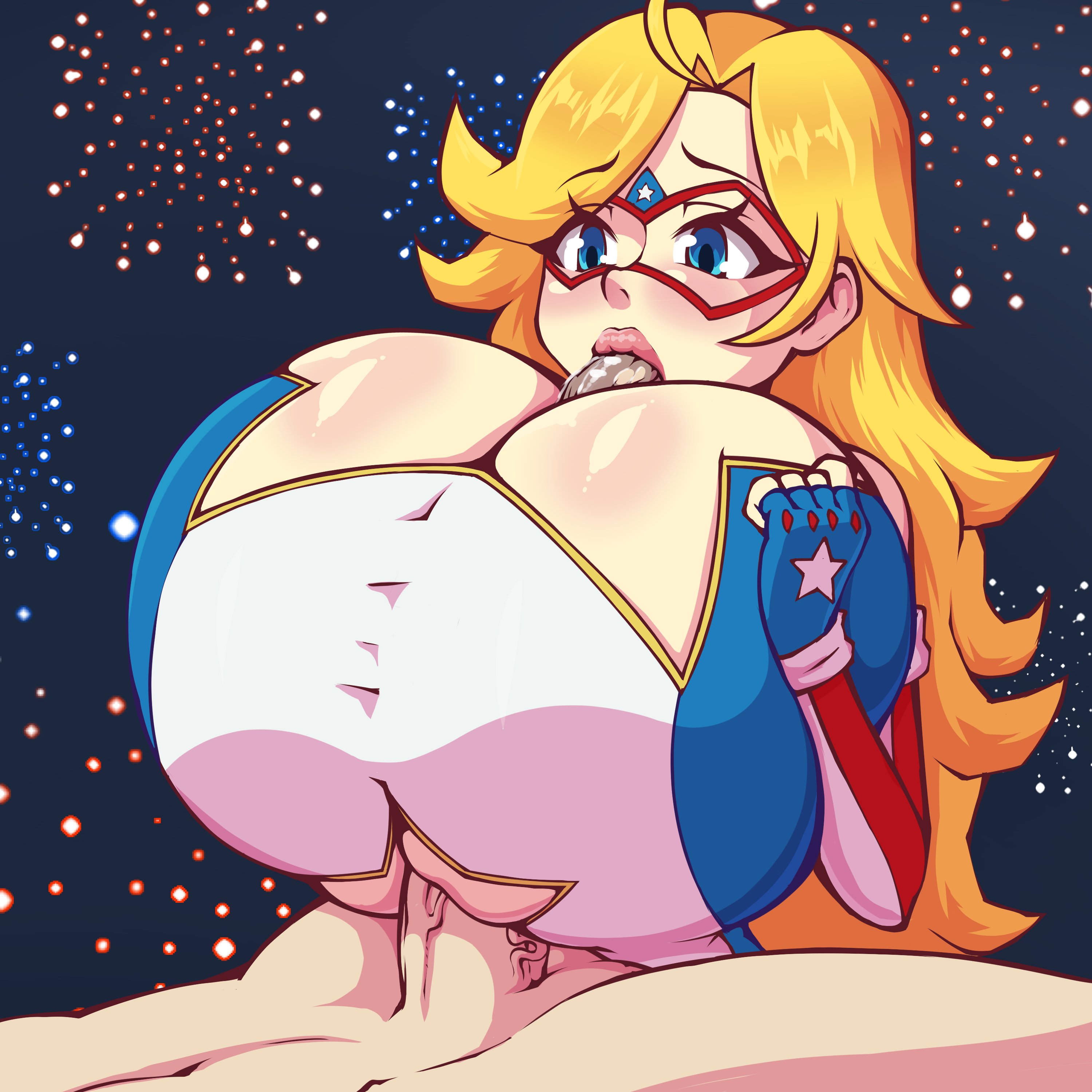 1boy, 1girls, 2d, big penis, blonde hair, blowjob, blue eyes, bosomancer, breasts, charlotte vanders, clothed, clothed female nude male, clothing, fellatio, female, fingerless gloves, huge breasts, kamen america, kamen america (character), kamen america (series), light skin, light-skinned female, light-skinned male, long hair, male, nude, nude male, oral, oral penetration, oral sex, outercourse, paizufella, paizuri, paizuri under clothes, penis, penis between breasts, penis in mouth, superheroine
