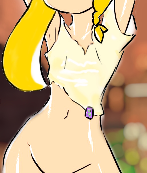 1girls, 4chan thread, animal humanoid, anthro, armpits, arms up, artist request, blurry background, bottomless, cephalopod, cephalopod humanoid, convenient censoring, faceless female, female, female focus, female only, flat chest, humanoid, inkling, inkling girl, light skin, light-skinned female, naked shirt, navel, nintendo, no bra, pseudo hair, shiny skin, solo, solo female, solo focus, splatoon, splatoon (series), splatoon 3, squid, tentacle, tentacle hair, veronika (splatoon), yellow hair