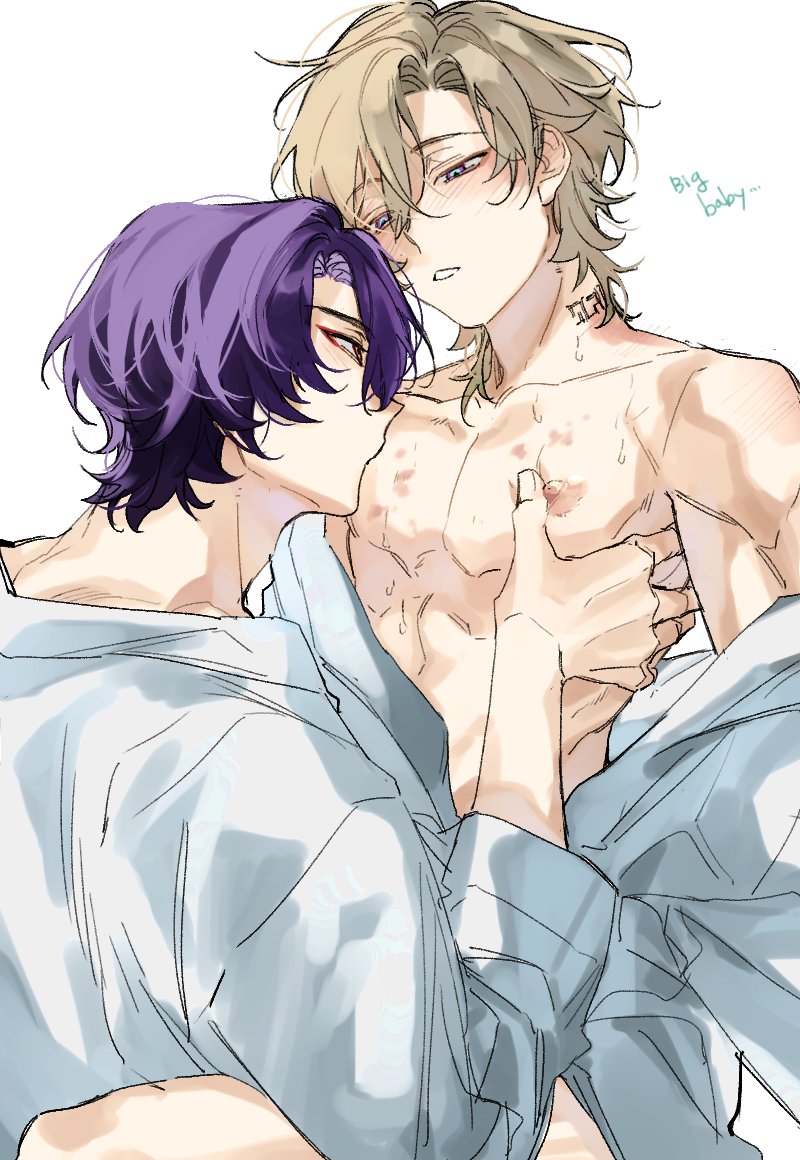 2boys, aventurine (honkai: star rail), bite mark, blush, dr. ratio (honkai: star rail), hickey, honkai: star rail, male, male only, nipples, robe, sucking nipples, sweat, yaoi