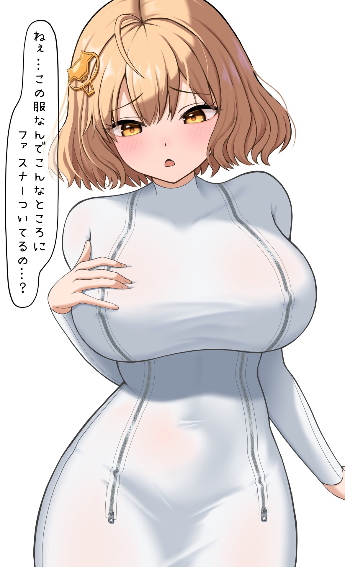 1girls, ahoge, anis (nikke), arcana (nikke), blush, breast zipper, breasts, brown eyes, brown hair, chestnut mouth, cosplay, covered erect nipples, covered navel, dress, female, goddess of victory: nikke, hair ornament, hand on own chest, highres, large breasts, long sleeves, looking at viewer, nishinokyo, open mouth, short hair, simple background, solo, upper body, white background, white dress, zipper dress