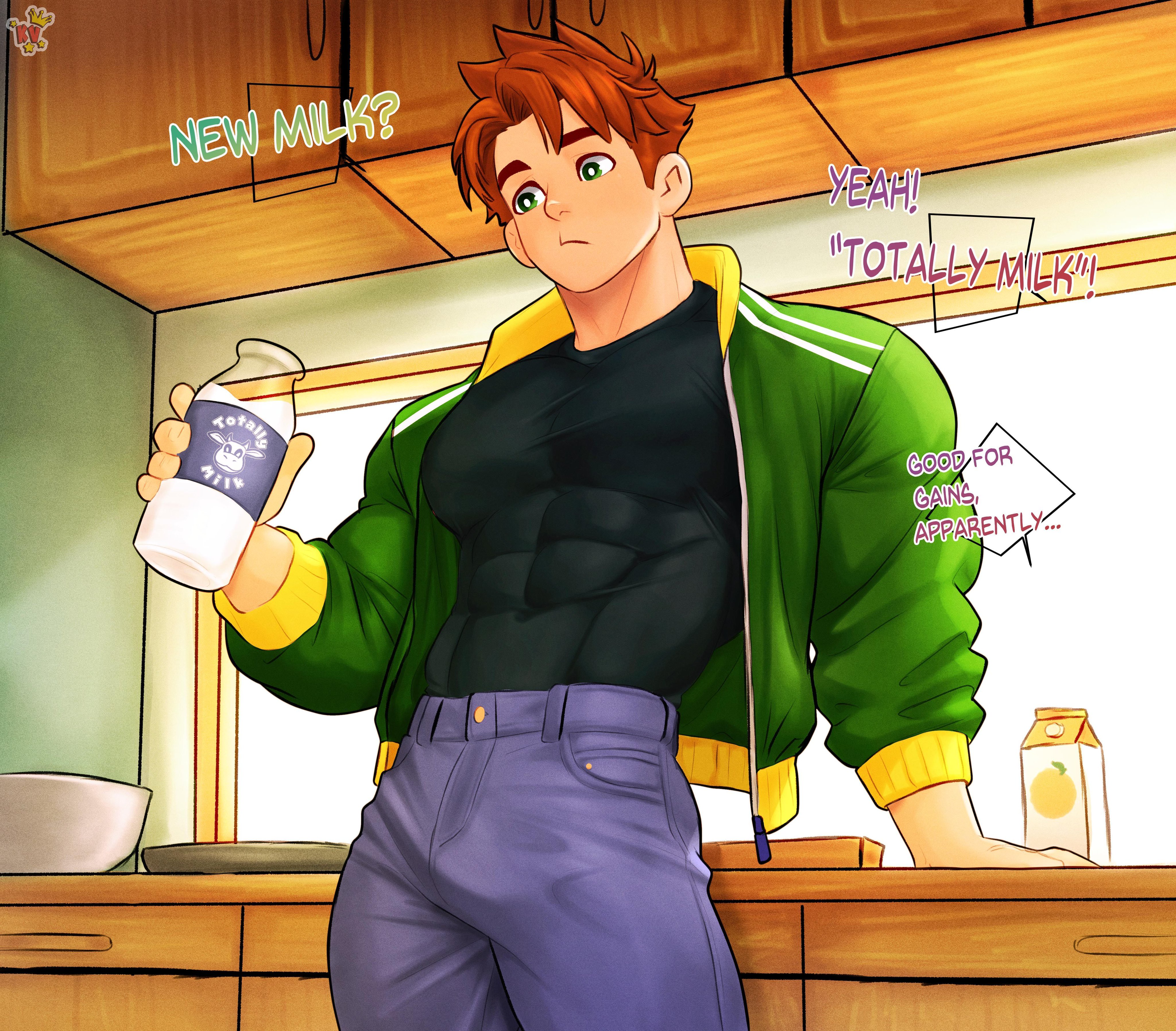 1boy, 1male, alex mullner, black shirt, blue jeans, brown hair, brown-haired male, defined muscles, english dialogue, english text, green eyes, green jacket, green-eyed male, growth potion, growth serum, human, jacket, jacket open, jeans, kingdom velvet, kitchen, male, male only, milk, milk bottle, muscles, muscular, muscular male, orange juice, part of a series, part of a set, stardew valley, sunlight, tight clothing, tricked, watermark, window, window light