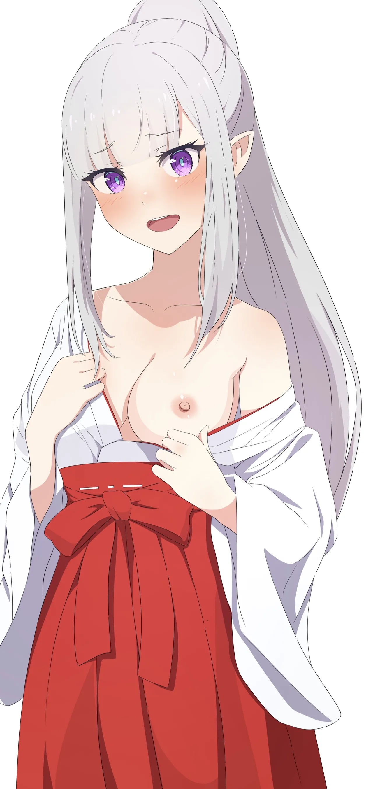bangs, big breasts, blush, blushing, blushing at viewer, breasts, elf, elf ears, emilia (re:zero), exposing breasts, female, kimono, looking at viewer, miko, na-suke, open mouth, ponytail, pov, re:zero kara hajimeru isekai seikatsu, shrine maiden, teenage female, teenager, white hair