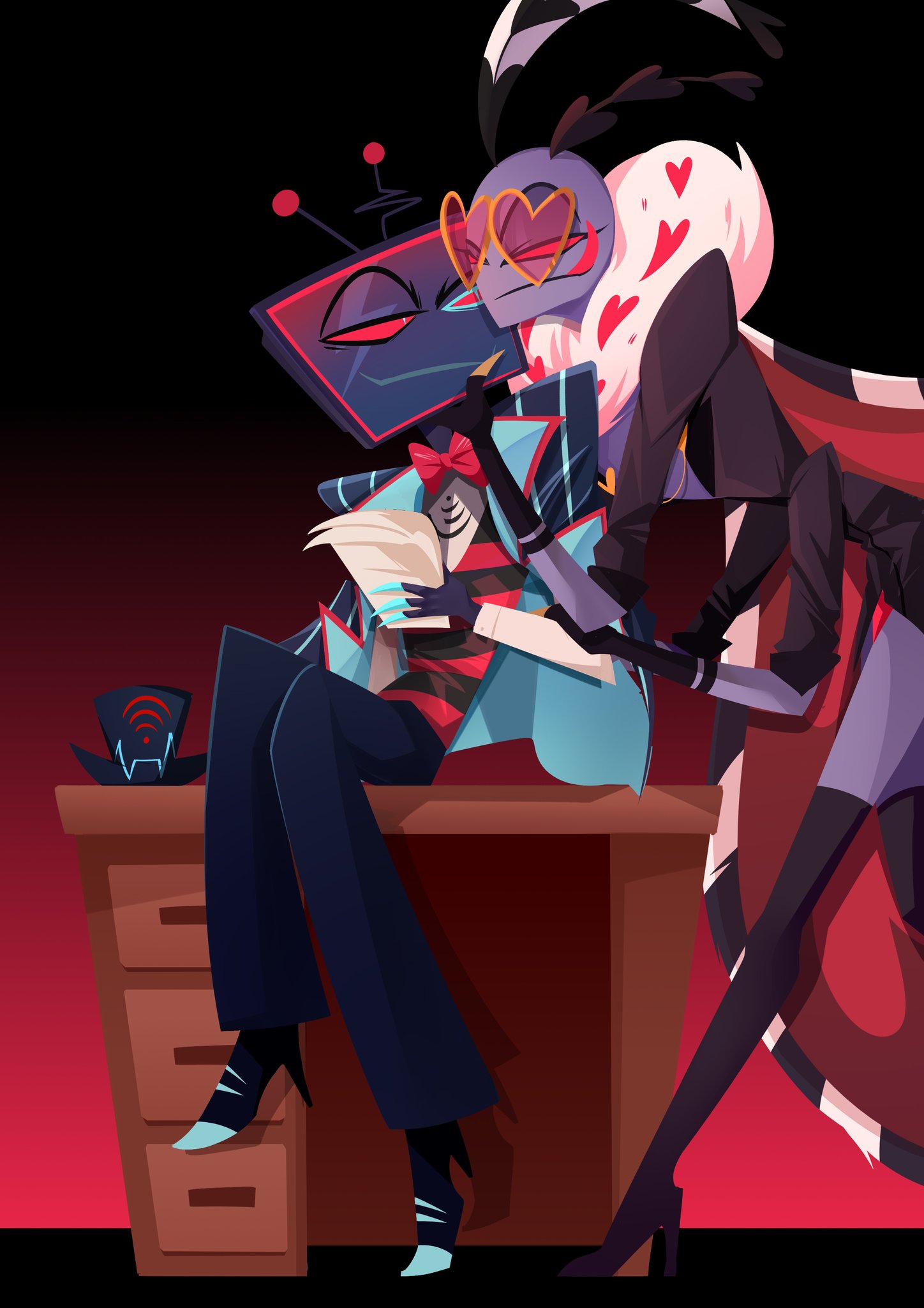 clothed, gay, gyu0000o, hazbin hotel, male, valentino (hazbin hotel), vox (hazbin hotel)