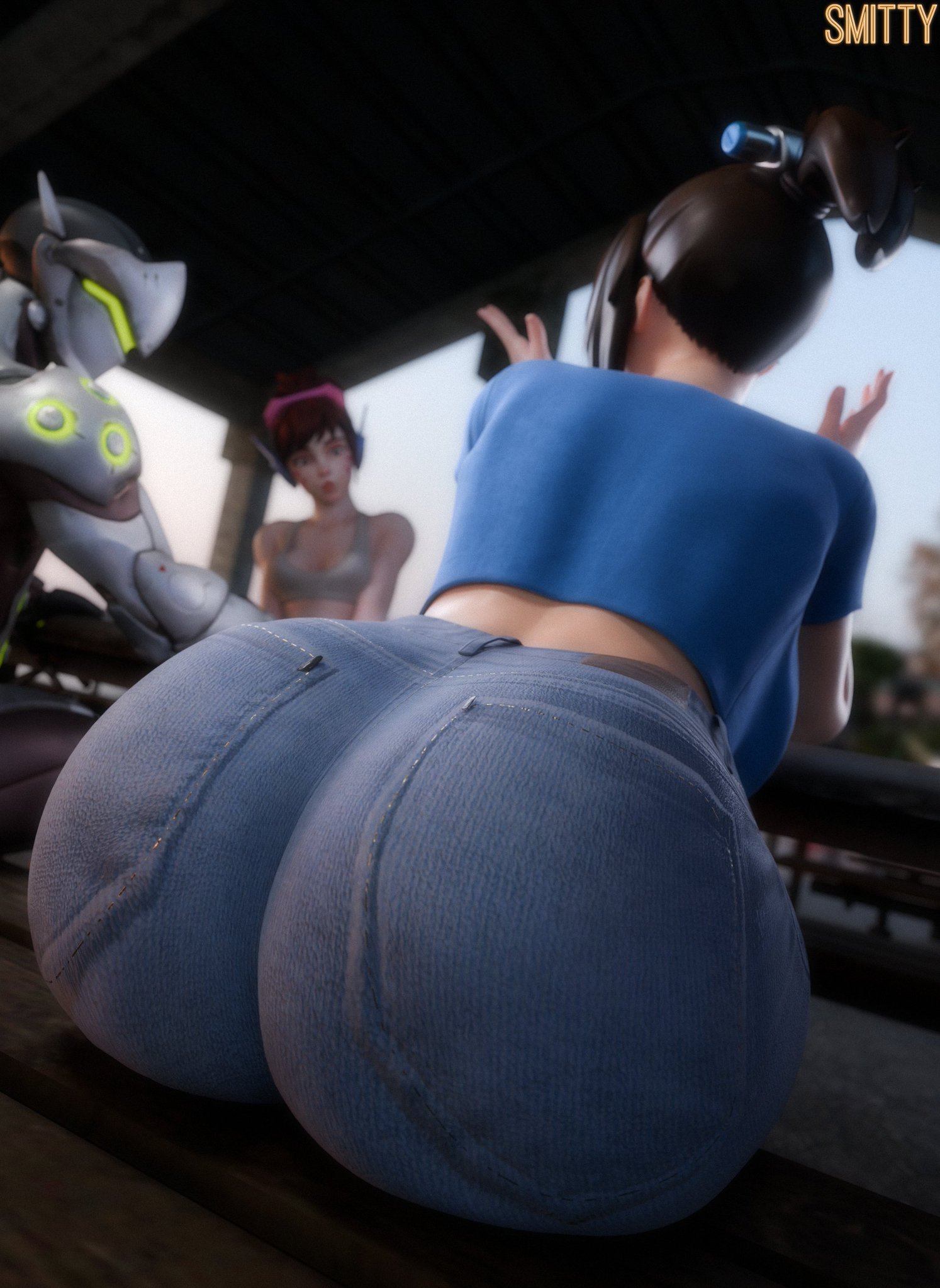 1boy, 2girls, 3d, activision, artist name, ass, ass focus, big ass, big breasts, big thighs, blizzard entertainment, breasts, brown hair, chubby, chubby female, clothed, clothed female, curvaceous, curvy, curvy figure, cyborg, d.va, d.va (overwatch 2 suit), female, genji, genji shimada, hana song, hourglass figure, huge ass, huge breasts, hyper ass, jeans, large ass, large breasts, light skin, light-skinned female, male, mei (overwatch 2 suit), mei (overwatch), mei ling zhou, mei-ling zhou, multiple females, multiple girls, overwatch, overwatch 2, pants, plump ass, sitting, slim waist, smitty34, voluptuous, voluptuous female, wide thighs