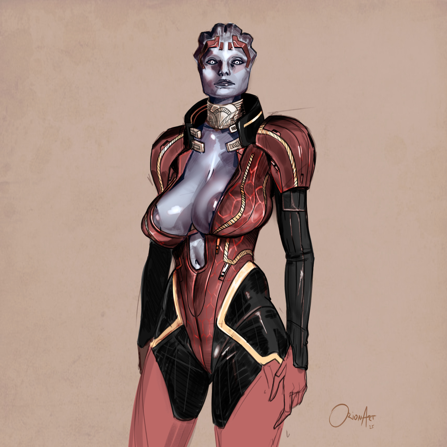 alien humanoid, asari, breasts, downblouse, female, huge aerola, mass effect, massive breasts, milf, orionart, puffy aerola, samara, scifi, skinsuit, visible areolae, wardrobe malfunction