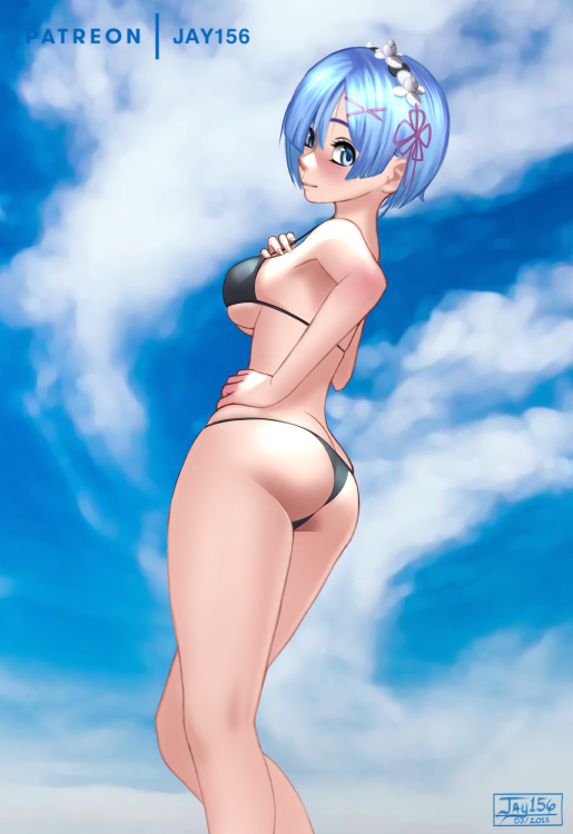 bikini blue_hair dutch_angle female green_eyes jay156 re:zero_kara_hajimeru_isekai_seikatsu rem_(re:zero) short_hair solo