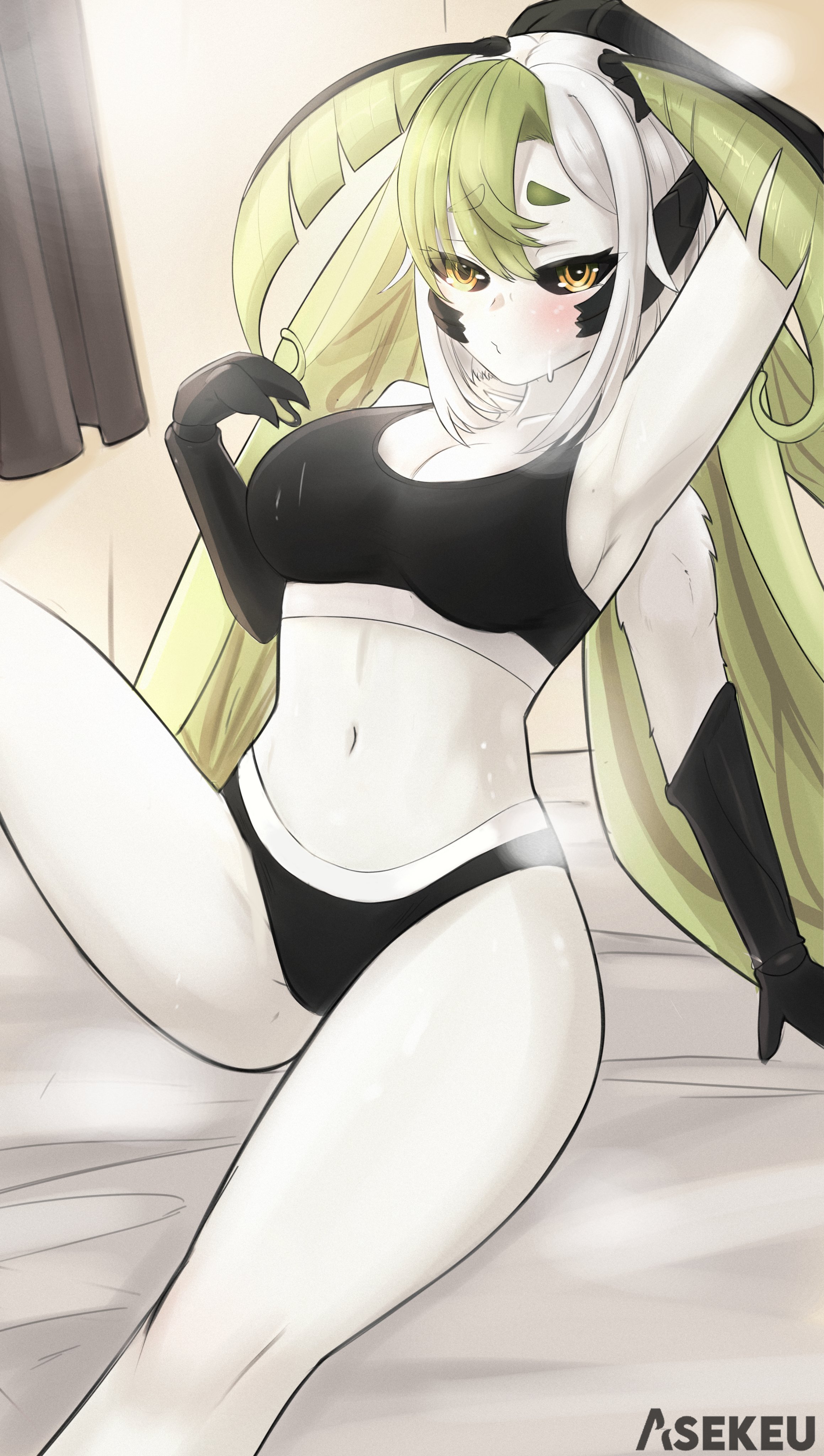 antennae (anatomy), armpits, asekeu, blush, blushing, carapace, cleavage, dark sclera, female, insect girl, insect wings, juniper (egocider), juniper actias, long hair, looking at viewer, moth girl, on bed, pale-skinned female, sweating, tank top, underwear, virtual youtuber, yellow eyes