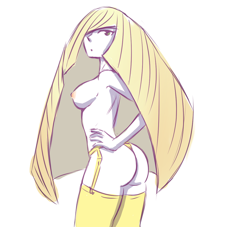 1girls, aether foundation, areola, ass, back, blonde hair, breasts, cubedcoconut, female, female only, garter straps, green eyes, hair over one eye, hand on hips, human, long hair, looking at viewer, looking back, lusamine (pokemon), milf, mother, nintendo, nipples, panties, pokemon, pokemon sm, side view, sideboob, simple background, solo, standing, thighhighs, topless, underwear, very long hair, white background, yellow legwear