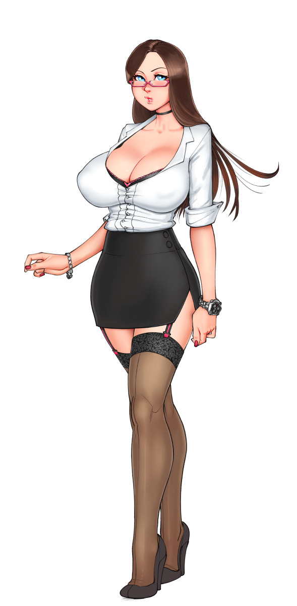 1girls bbc-chan blue_eyes bra bra_cups_sticking_out bra_peek bracelet brown_hair bust-waist_contrast choker cleavage clothed deep_cleavage female female_only fully_clothed garter_straps glasses high_heels large_breasts long_hair manor_stories miniskirt office_lady pencil_skirt secretary simple_background skirt solo stockings sylvia_(manor_stories) thin_waist tight_clothes tiny_waist very_high_heels watch white_background white_shirt