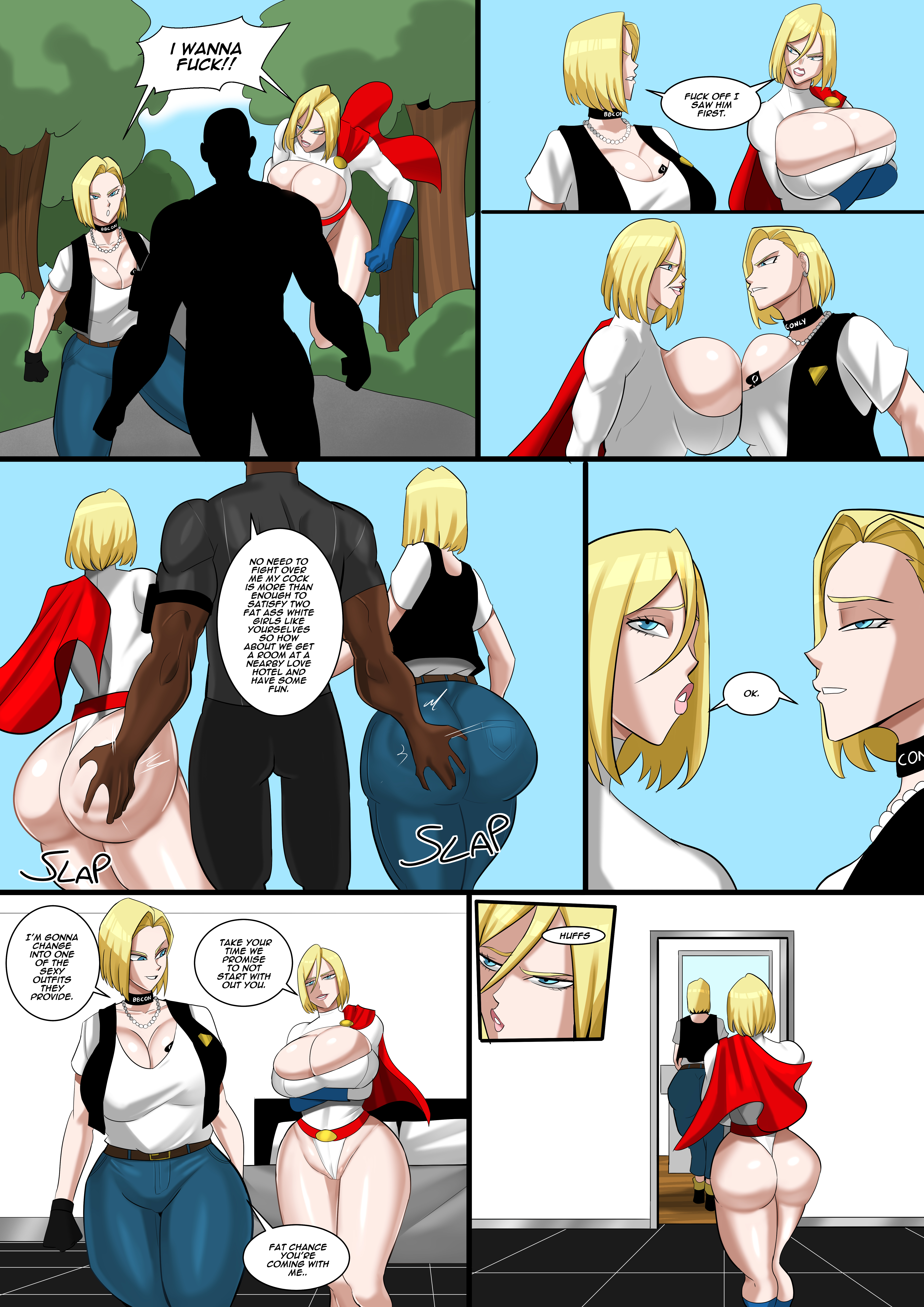 1boy, 2girls, android, android 18, android girl, angry, arms crossed, arms crossed under breasts, ass, ass bigger than head, ass slap, bald, bald male, bedroom, bedroom background, bedroom eyes, bedroom setting, belt, big ass, big breasts, big butt, black choker, black gloves, black guy, black male, black man, blonde hair, blue boots, blue eyes, blue gloves, blue-eyed female, bodysuit, boob tattoo, boob window, boots, breast tattoo, breasts, breasts bigger than head, breasts press, breasts pressed against another, breasts pressed together, brown belt, cheating, cheating wife, clothed, clothed female, clothed male, comic, crossover, dark skin, dark-skinned male, dc, dc comics, dialogue, dragon ball, dragon ball z, earring, earrings, eastern and western character, english, english text, female, female kryptonian, flying, gloves, grope, half-closed eyes, horny, horny female, huge ass, huge boobs, huge breasts, huge butt, imminent sex, interracial, jeans, kryptonian, large ass, large breasts, male, multiple females, multiple girls, muscles, muscular, muscular male, necklace, netorare, park, pearl necklace, pink lips, power girl, qos, qos tattoo, queen of spades, queen of spades symbol, queen of spades tattoo, red belt, red cape, shaking ass, shaking butt, silver earring, silver earrings, slapping ass, slapping butt, smacking ass, spade, spade tattoo, spanking, superman (series), tattoo, text, text bubble, thick, thick ass, thick butt, thick hips, thick legs, thick lips, thick thighs, trees, venomarts00, white bodysuit, zstorys22