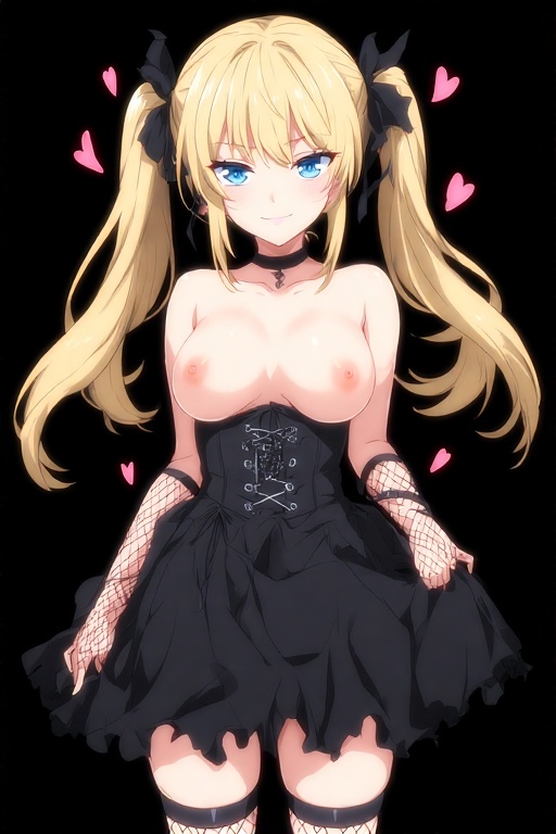 1girls, ai, ai generated, ai girl, ani (twitter), black background, black corset, black ribbons, blonde hair, blue eyes, breasts, confident, corset, female, female focus, female only, fishnet legwear, fishnet thighhighs, fishnets, goth, grok (x), grok (xai), heart, looking at viewer, nipples, one color background, quinzo11, ribbons, self upload, smirk, smirking, standing, standing female, thick thighs, thighhighs, twintails, twitter, x (social media)
