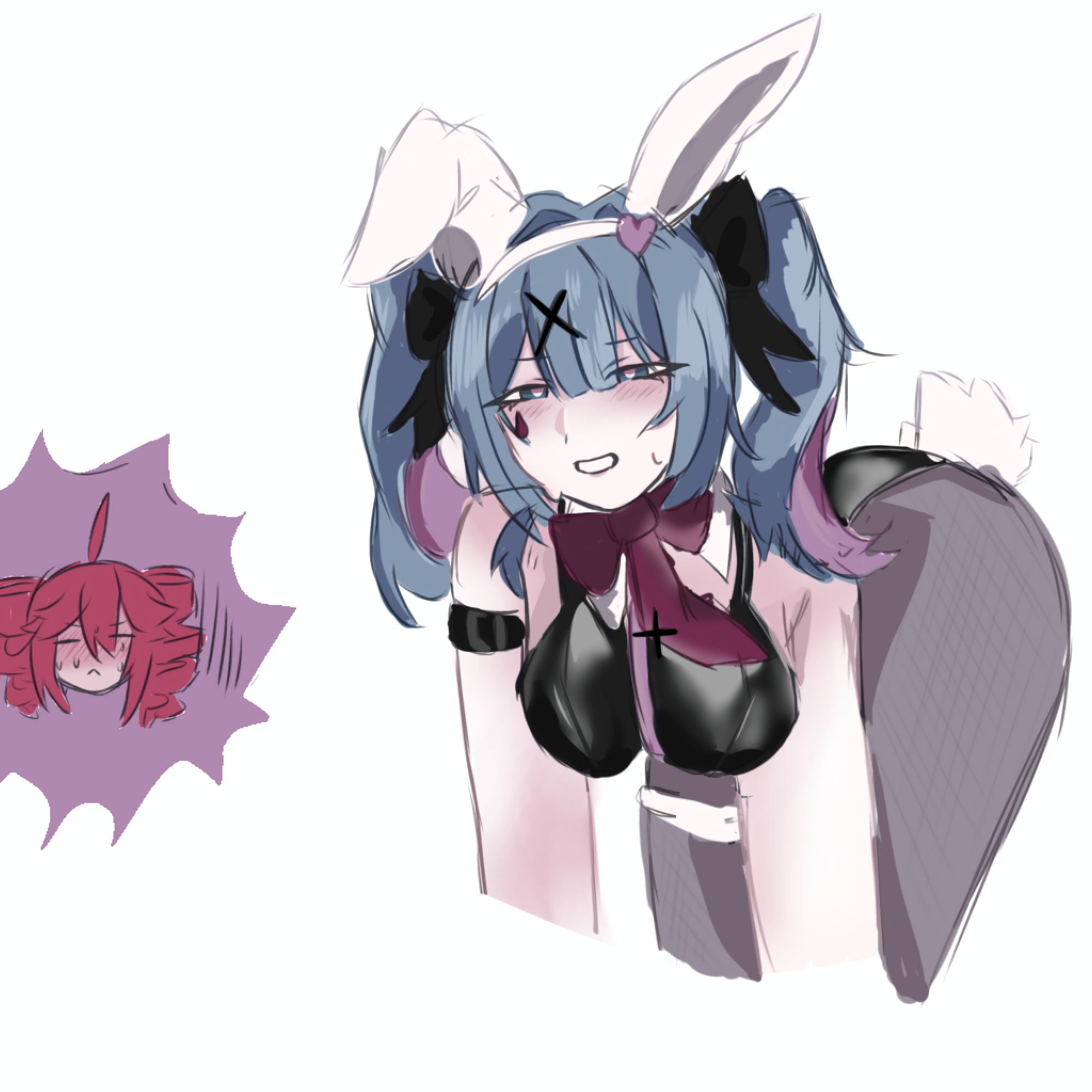 2girls, all fours, animal ears, black bows, black leotard, blue eyes, blue hair, blush, bow, bowtie, breasts, bunny ears, bunny tail, bunnysuit, clothing, crawling, drill hair, fake animal ears, fishnets, flirting, flirting look, fully clothed female, hair ornament, hair vents, hatsune miku, headband, heart, heart-shaped pupils, kasane teto, leotard, long hair, looking at viewer, miku, miku hatsune, multiple girls, on knees, pantyhose, playboy bunny, rabbit ears, rabbit hole (vocaloid), rabbit tail, red hair, red tie, shaking ass, sketch, small breasts, smile, symbol-shaped pupils, tail, teto, thick thighs, thigh highs, tie, twin drills, twintails, x hair ornament, xiaomakii