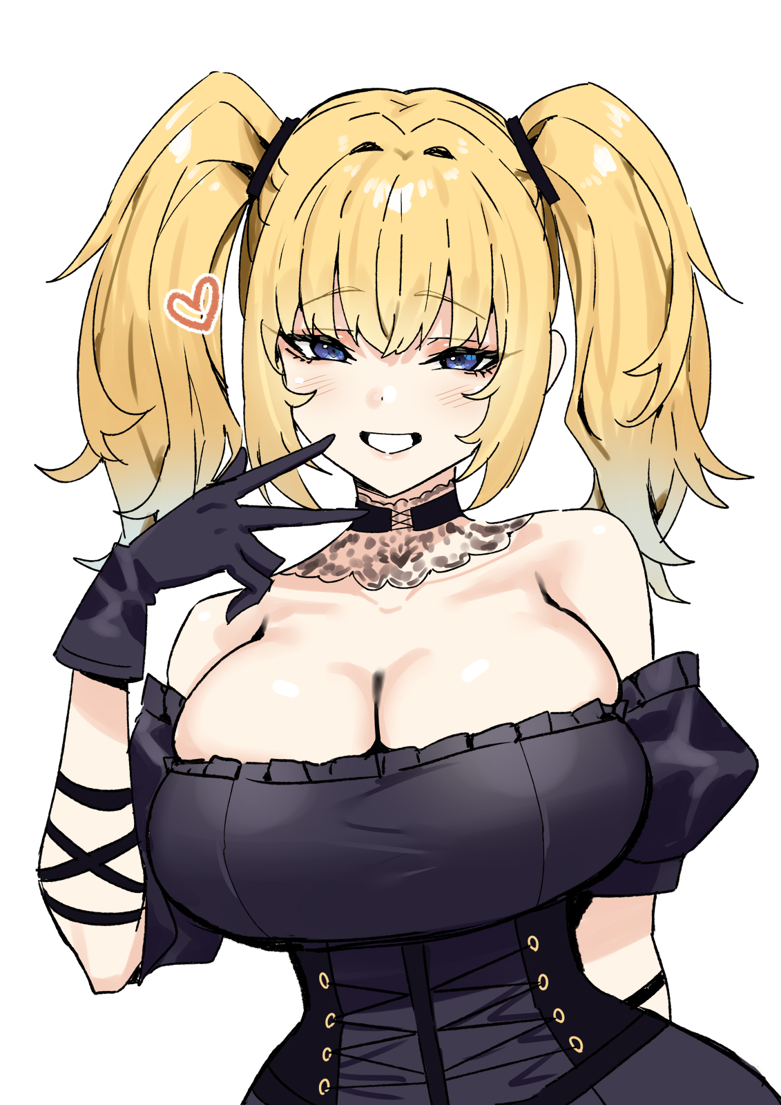 ani (twitter), ani (xai), arm up, black choker, black dress, black gloves, blonde hair, blue eyes, breasts, choker, cleavage, commentary, dress, english commentary, female, gloves, grin, grok (x), grok (xai), highres, huge breasts, long hair, long sleeves, sky (freedom), smile, solo, twintails, twitter