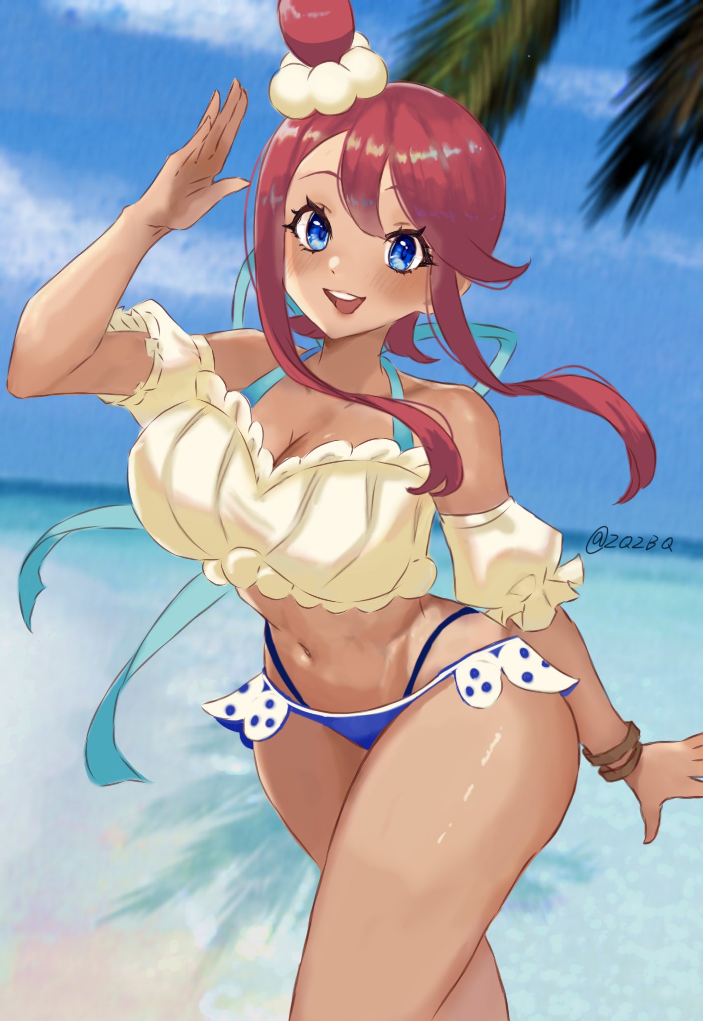 1girls, beach, big breasts, bikini, bikini under clothes, blue bikini, blue eyes, blue shorts, blush, breasts, cleavage, collarbone, crop top, female, hair ornament, highres, looking at viewer, midriff, navel, nintendo, ocean, official alternate costume, one eye closed, one side up, open mouth, outdoors, palm leaf, pokemon, pokemon masters, pokemon masters ex, red hair, shirt, shorts, sidelocks, skyla (pokemon), skyla (summer 2025) (pokemon masters), smile, solo, stomach, swimsuit, zqzbq
