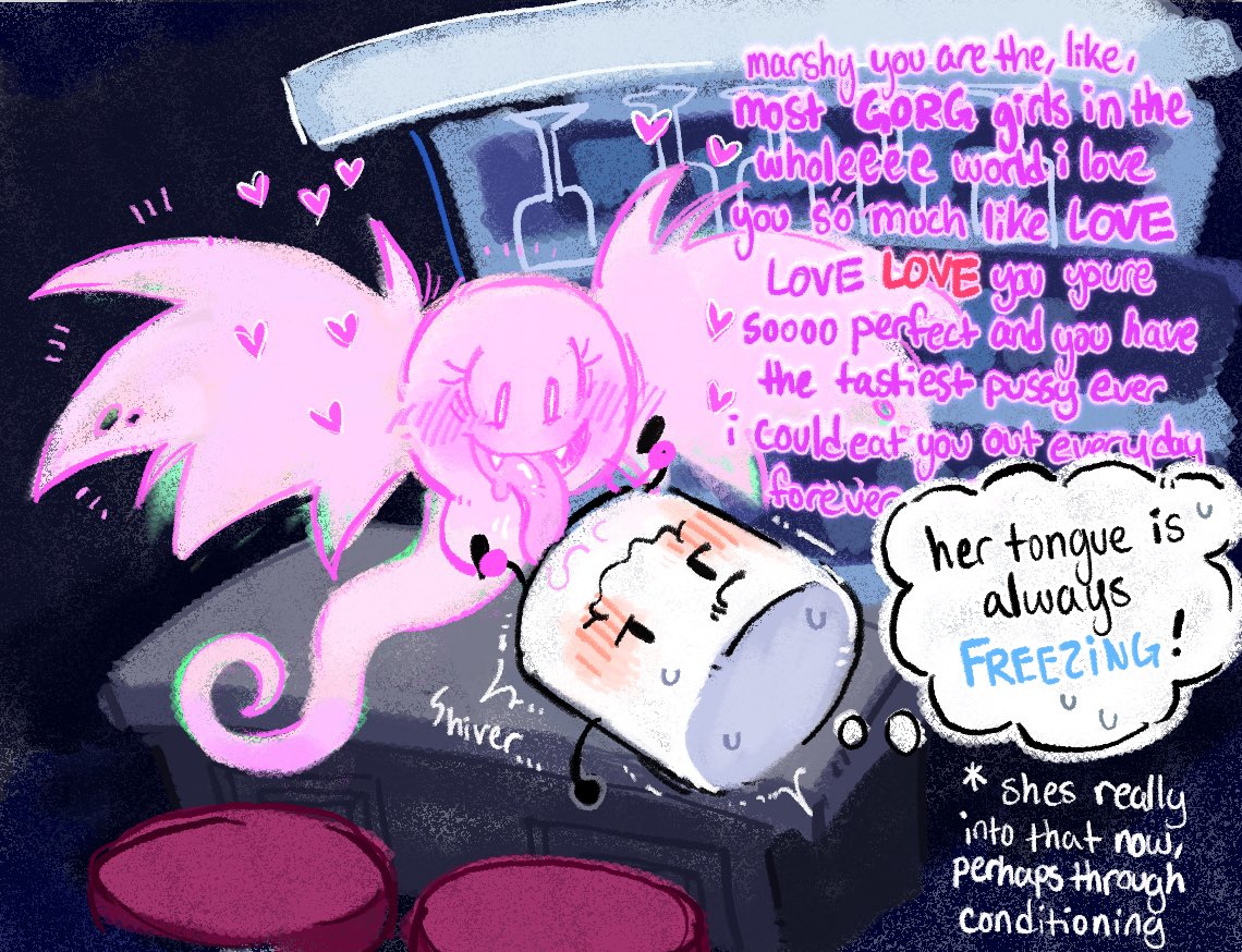 2girls, adamation inc., adamationz, animate inanimate, animationepic, blush, blush lines, blushing, bow (ii), cunnilingus, cute, dialogue, dialogue bubble, english, english dialogue, english text, ghost, ghost bow, ghost girl, ii, inanimate insanity, kint, lesbian, lesbian sex, love, marshmallow, marshmallow (ii), object show, object show community, object shows, oral, osc, praise, saliva, saliva drip, sweat, wholesome, wholesome sex, yuri