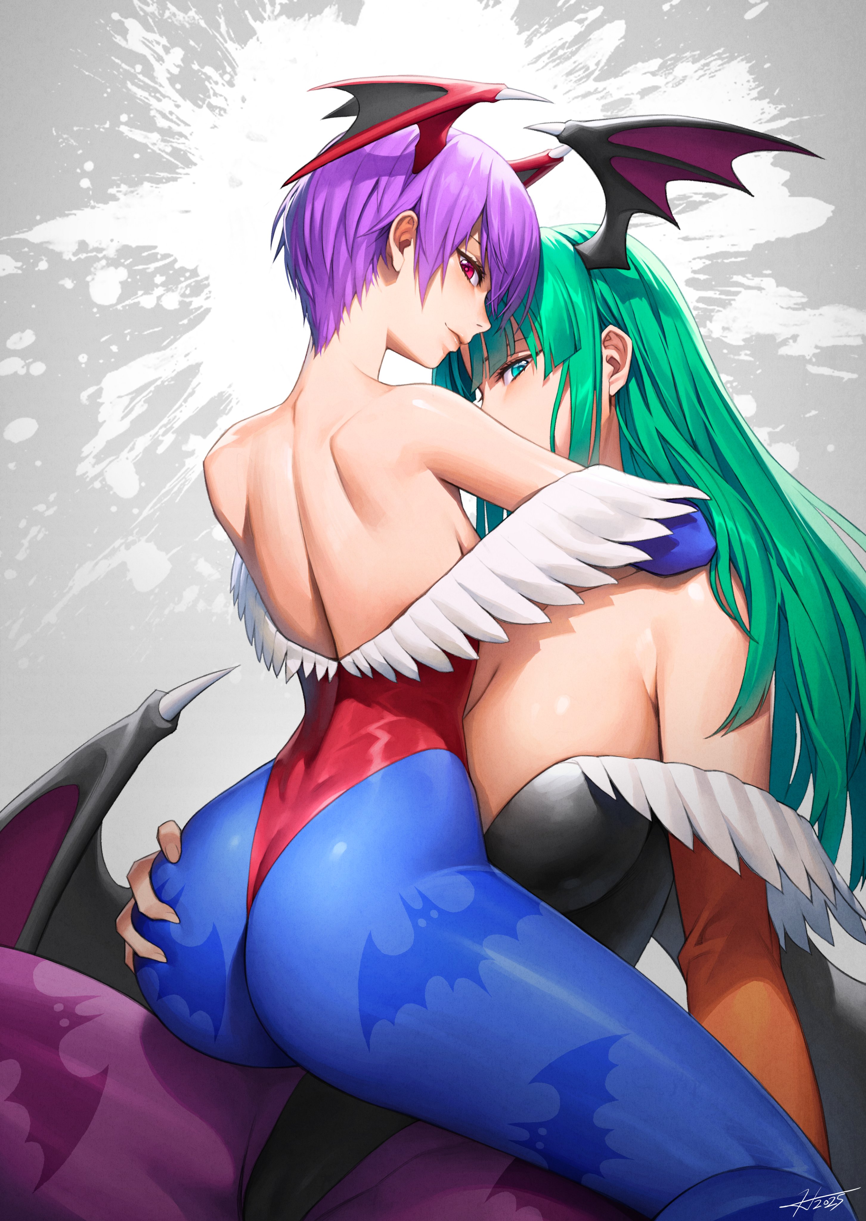 2025, 2girls, absurdres, animal print, ass, ass grab, backless leotard, bare shoulders, bat print, bat wings, big ass, big breasts, black leotard, blue pantyhose, bodysuit, breasts, closed mouth, commentary, darkstalkers, demon girl, english commentary, feather-trimmed leotard, female, grabbing another's ass, green eyes, green hair, grey background, groping, head wings, hichi, hichi (an hee-chul), highleg, highleg leotard, highres, large breasts, leotard, light skin, light-skinned female, lilith aensland, long hair, looking at viewer, low wings, median furrow, morrigan aensland, multiple females, multiple girls, off-shoulder leotard, pantyhose, parted lips, print pantyhose, profile, purple hair, purple pantyhose, red eyes, red leotard, seductive gaze, seductive smile, short hair, shoulder blades, sideways glance, signature, sitting, sitting on person, slim waist, smile, succubus, thick ass, thick thighs, thong leotard, two-tone background, very long hair, white background, wings, yuri
