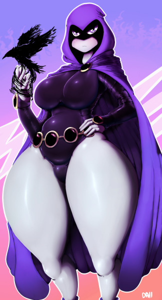 1girls, ass, bodysuit, breasts, cameltoe, cape, dc, dc comics, female, female only, goth, grey skin, hood, huge ass, huge breasts, mask, pussy, rachel roth, raven (dc), solo, straight hair, teen titans, text, thick thighs, vhsdaii, watermark, wide hips