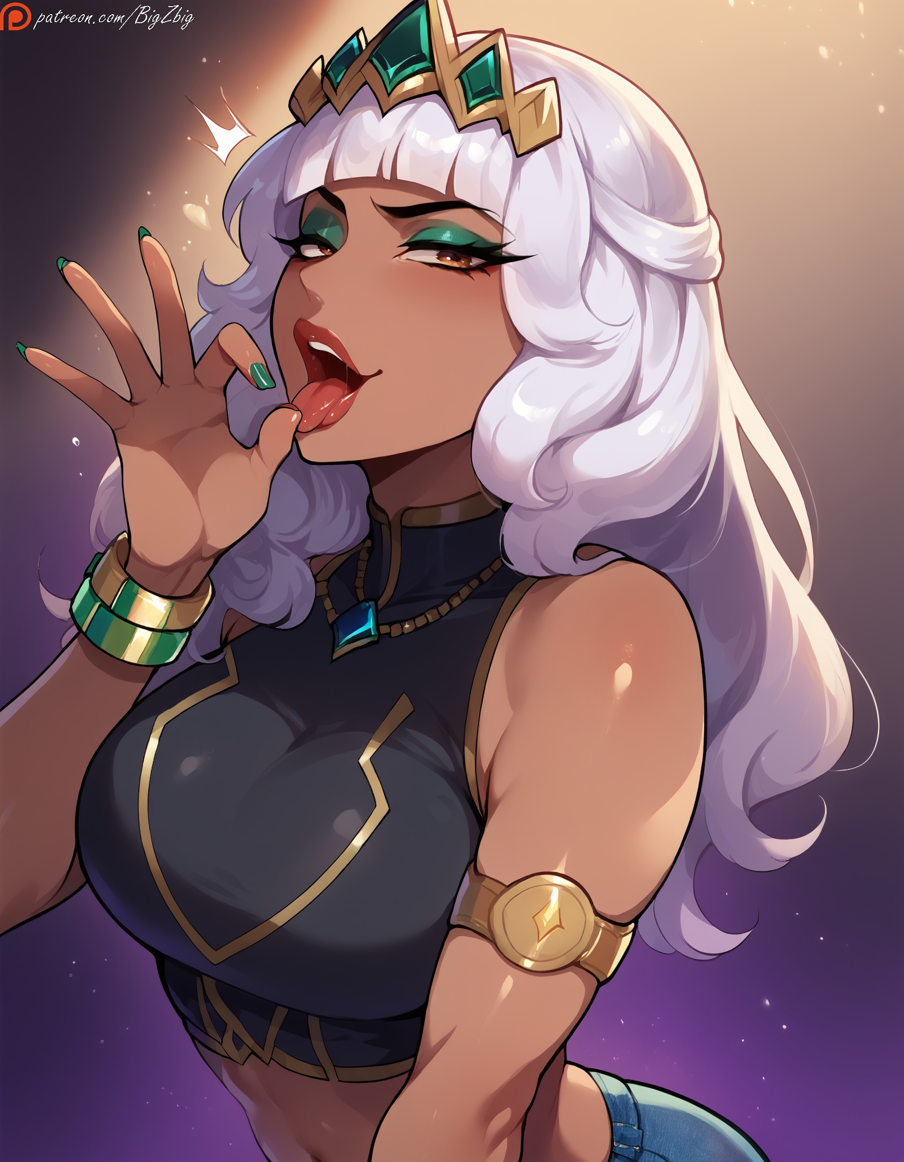 ai generated, bigzbig, fellatio gesture, female, headwear, league of legends, looking at viewer, qiyana yunalai, riot games, solo, solo female, solo focus, tagme, white hair