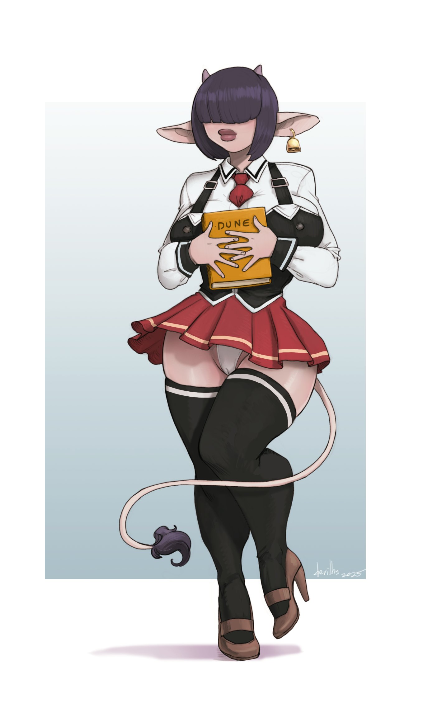 1girls, art trade, ass, bible black, big ass, big breasts, big lips, big thighs, black hair, black thighhighs, borrowed character, breasts, brown heels, clothed, clothing, covered nipples, cow bell, cow girl, cow horns, cow tail, devil hs, ear bell, female, full body, hair over eyes, high heels, horns, large breasts, miniskirt, moira (marmar), necktie, necktie between breasts, original, original character, panties, pantyshot, pantyshot (standing), pink skin, pink-skinned female, purple lips, red skirt, school uniform, short hair, skirt, solo, tail, thick thighs, thighhighs, thighs, white panties