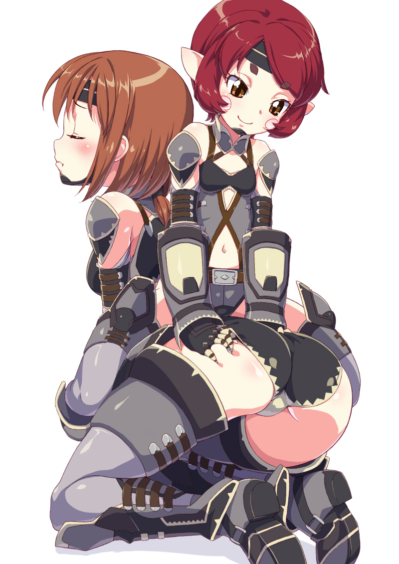 2girls armor ass ass_grab blush brown_eyes brown_hair closed_eyes elbow_gloves elf female fingerless_gloves gauntlets gloves grabbing_another's_ass greaves groping headband kneeling leotard master_of_epic multiple_girls pointy_ears red_hair senzoc smaller_female smile thighhighs white_background yuri