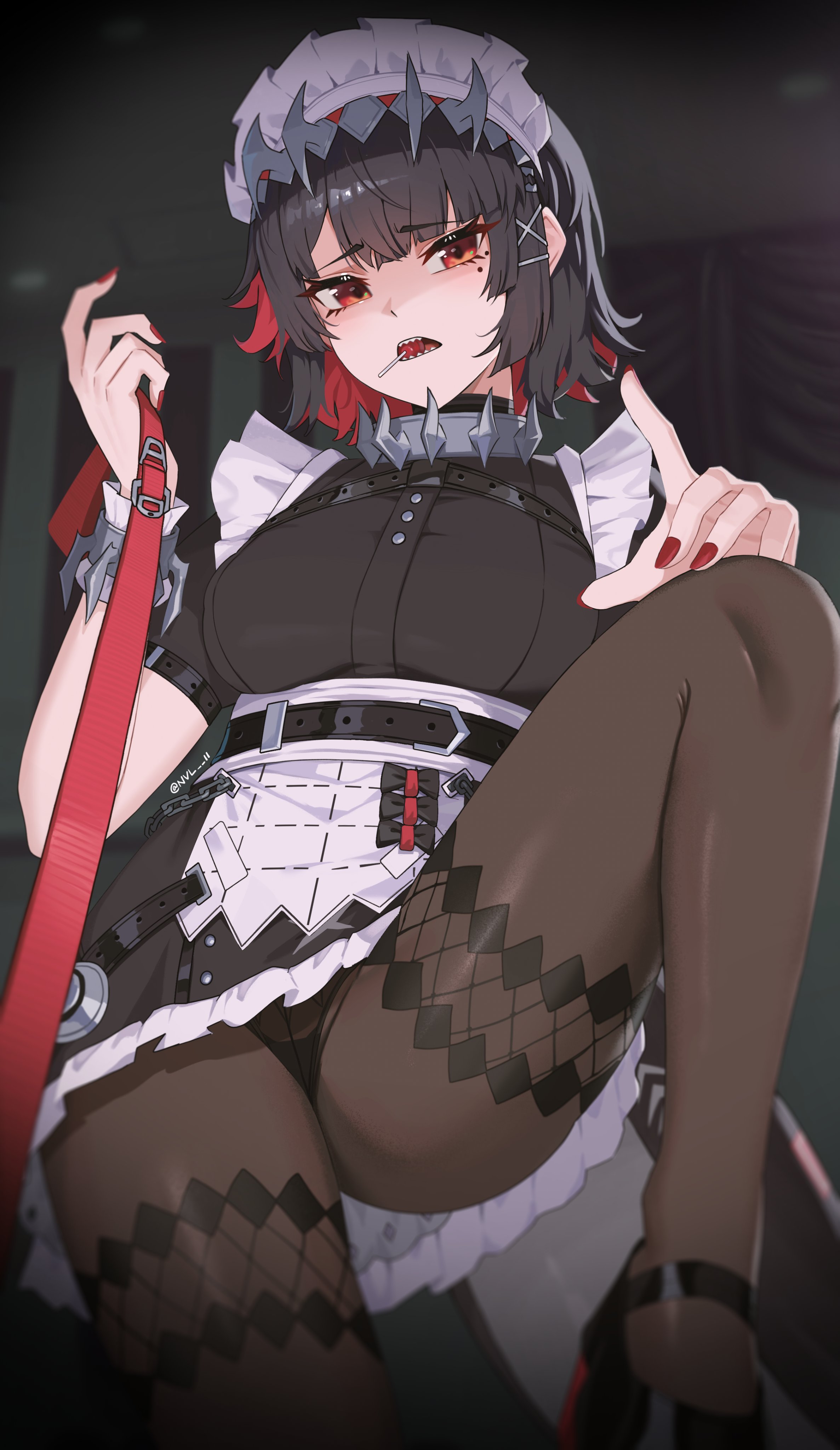 1girls, absurdres, black dress, black hair, black panties, breasts, colored inner hair, dress, ellen joe, female, femdom, fins, fish tail, highres, leash, leashed pov, looking at viewer, maid, maid headdress, mole, mole under eye, multicolored hair, nail polish, nvl, panties, pantyhose, pov, puffy short sleeves, puffy sleeves, red eyes, red hair, red nails, shark tail, short hair, short sleeves, solo, submissive pov, tail, underwear, viewer on leash, zenless zone zero