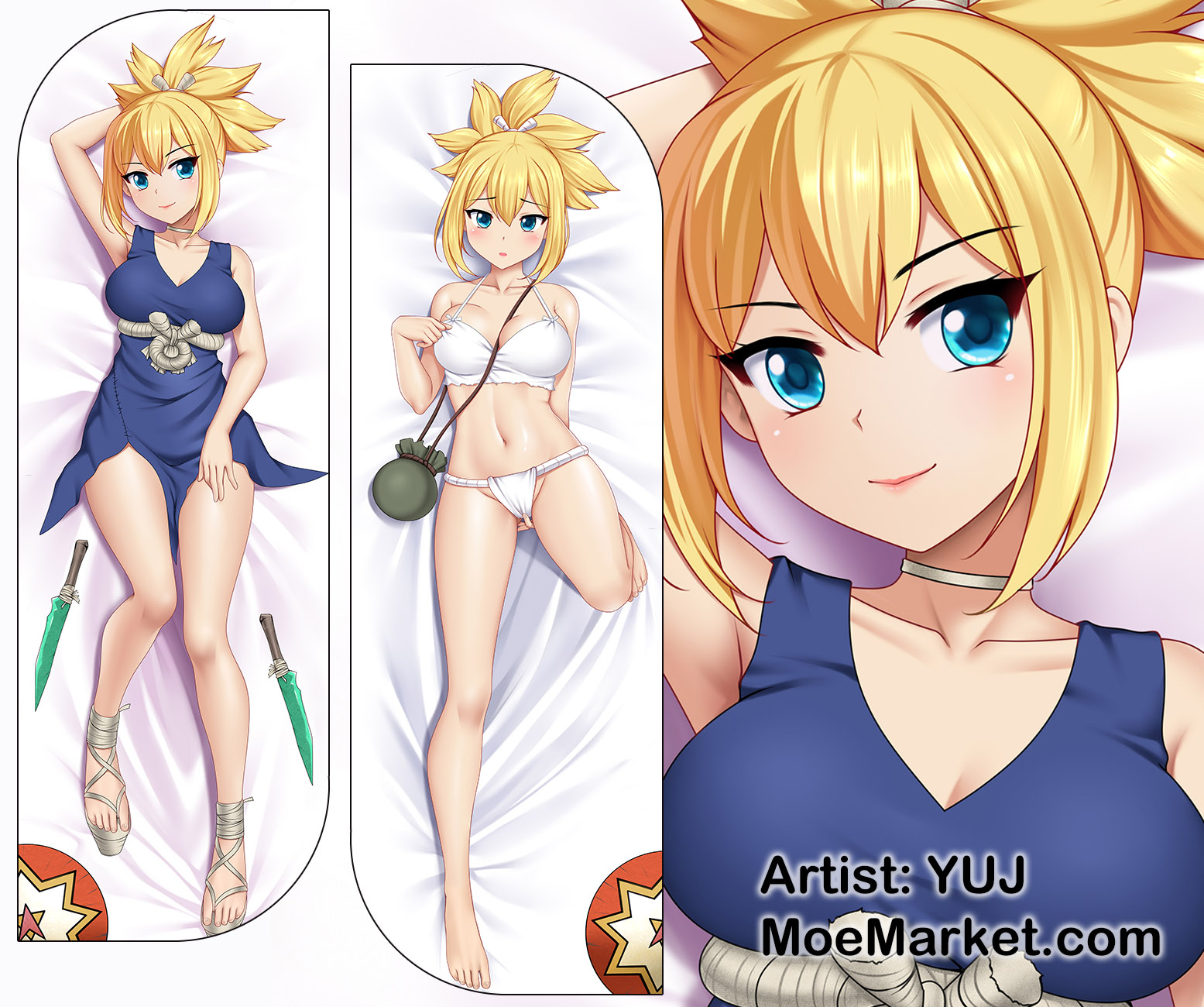 1girls, bare legs, bare shoulders, barefoot, blonde hair, blonde-haired female, blue dress, blue eyes, dakimakura, dr.stone, female, kohaku (dr.stone), looking at viewer, solo, white bra, yuj, yuj (moemarket)
