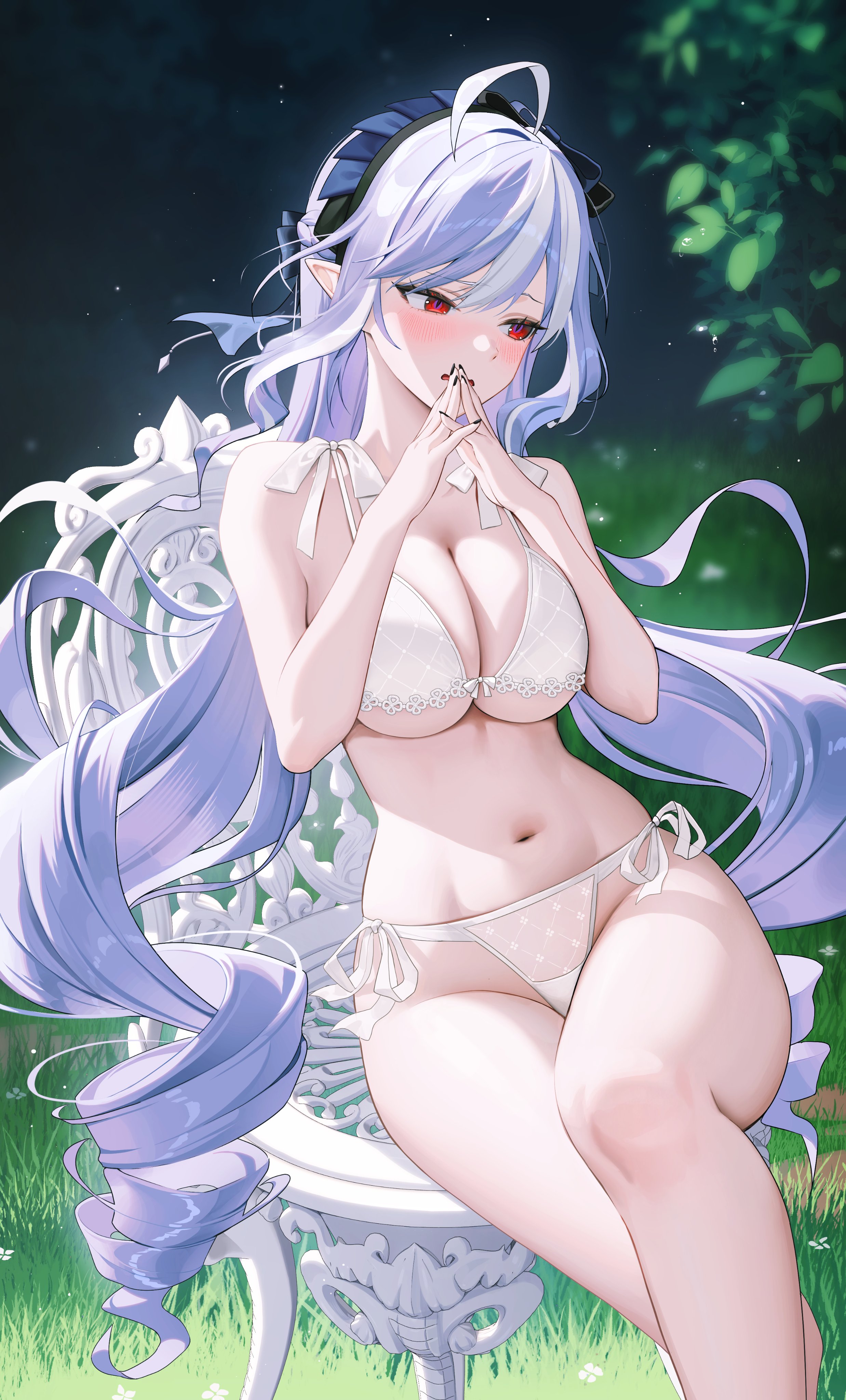 1girls, absurdres, ahoge, averting eyes, bare legs, bare shoulders, blush, bra, breasts, chair, cleavage, collarbone, commentary, embarrassed, feet out of frame, female, highleg, highleg panties, highres, kkuni, large breasts, legs, long hair, multicolored hair, navel, on chair, panties, parted lips, pointy ears, purple hair, red eyes, side-tie panties, sidelocks, sitting, solo, steepled fingers, stomach, streaked hair, underwear, underwear only, very long hair, vivian (zenless zone zero), vivian banshee, white bra, white panties, zenless zone zero