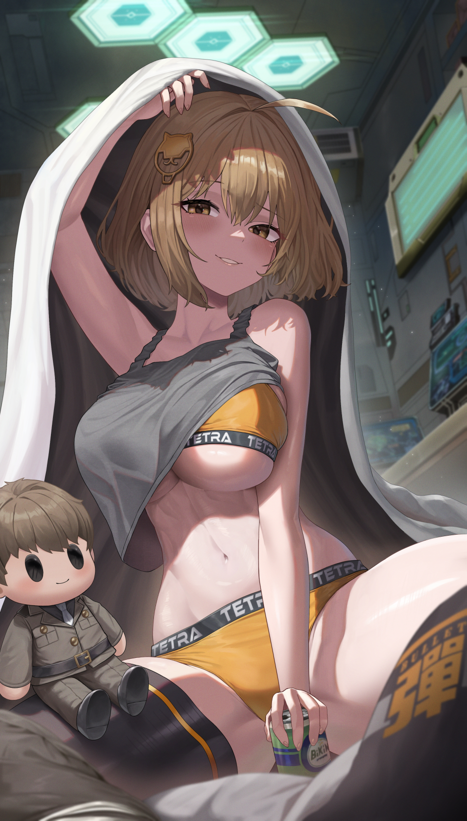 1girls, ahoge, anis (nikke), arm up, black thighhighs, bra, breasts, brown eyes, brown hair, can, commander (nikke), crop top, female, goddess of victory: nikke, grey tank top, highres, holding, holding can, large breasts, orange bra, orange panties, panties, parted lips, short hair, silvertsuki, sitting, stuffed toy, tank top, thighhighs, under covers, underwear