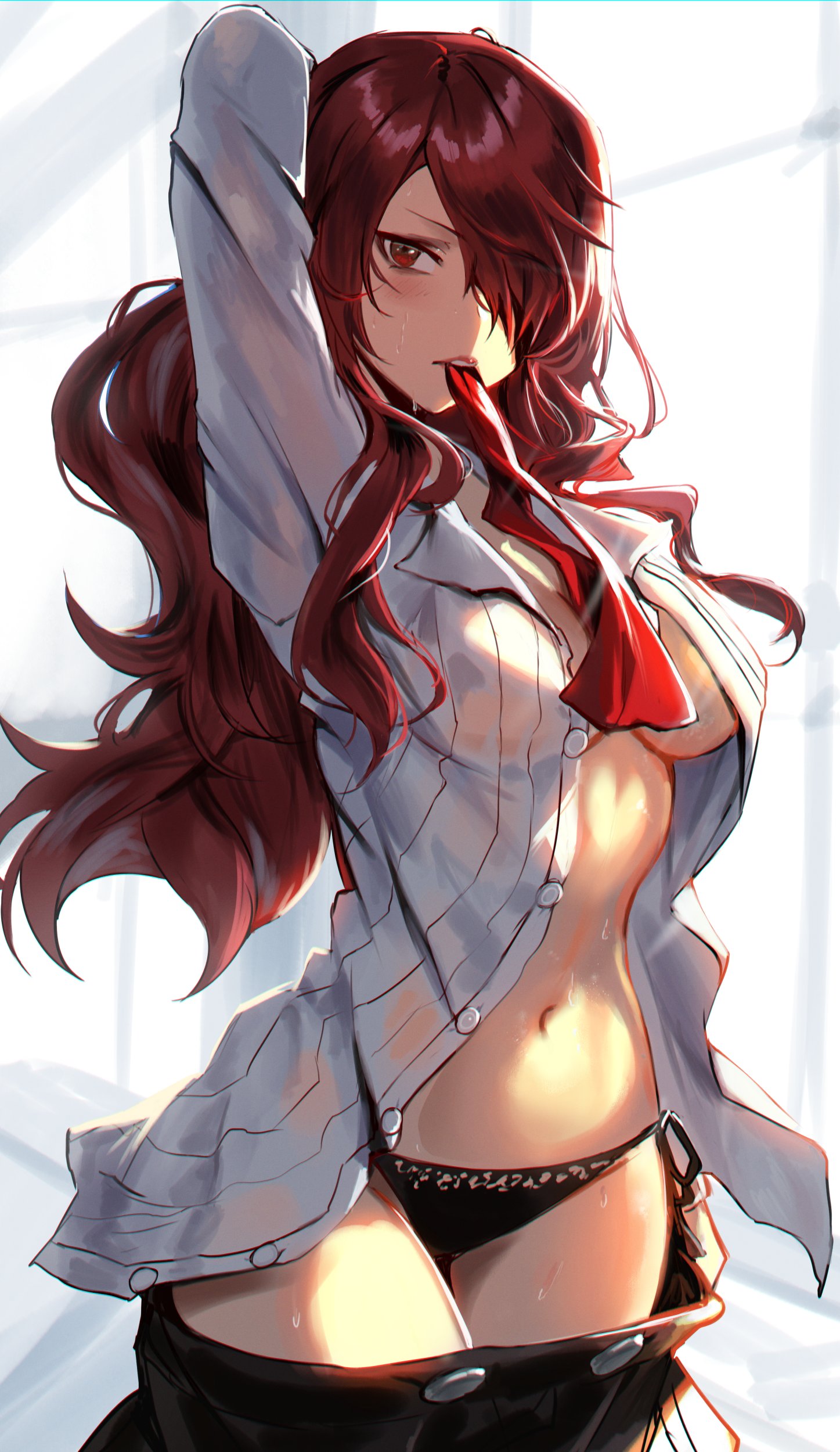 1girls, absurdres, arm behind head, black panties, blush, breasts, female, hair over one eye, highres, hirosenpai, large breasts, long hair, looking at viewer, medium breasts, mitsuru kirijo, navel, panties, persona, persona 3, red eyes, red hair, school uniform, shirt, solo, sweat, underwear, undressing